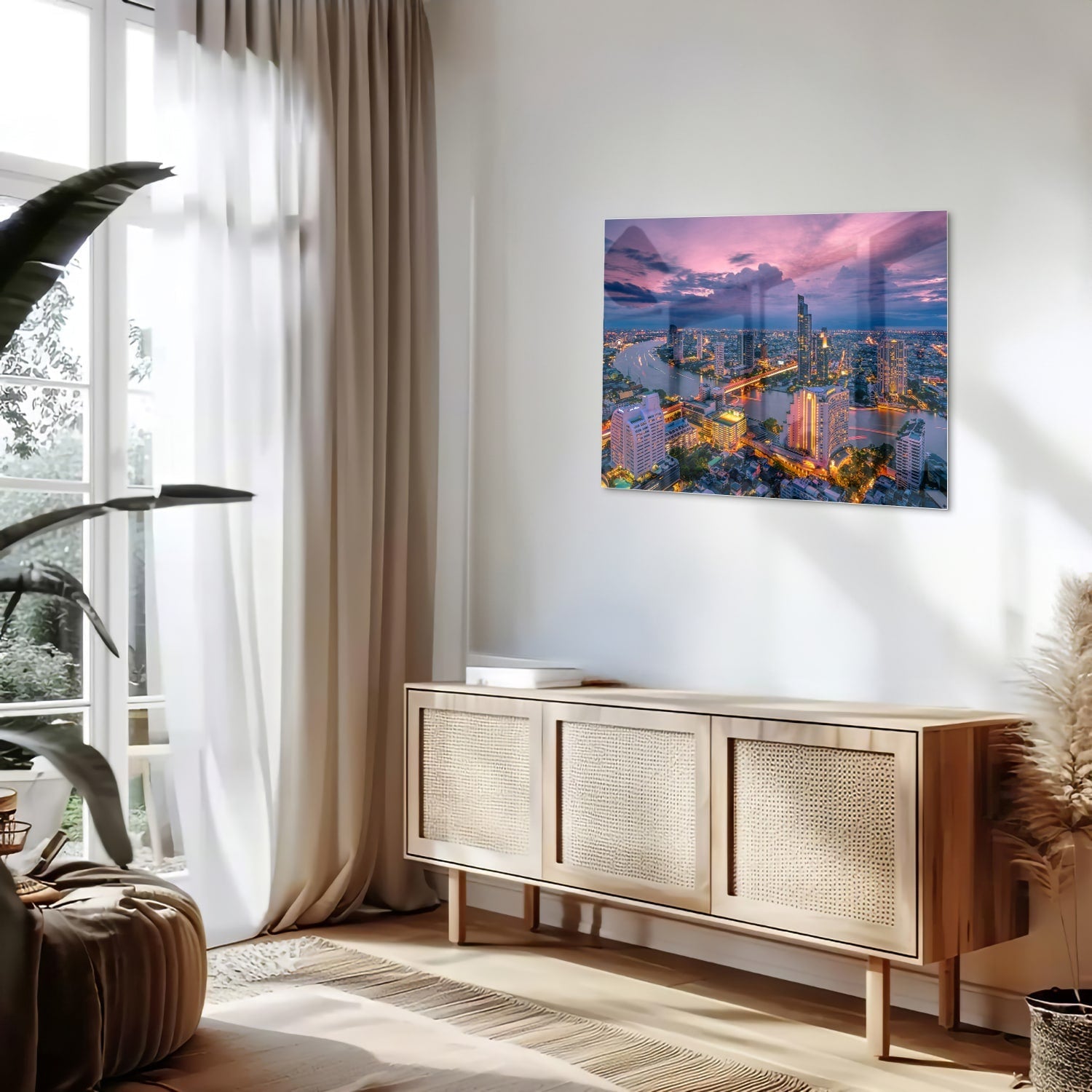 Glasbild mit Stadtblick im Abendlicht