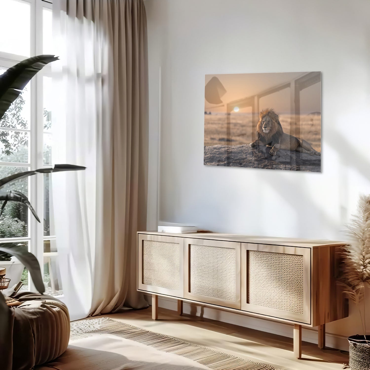 Glasbild – Majestätischer Löwe bei Sonnenuntergang