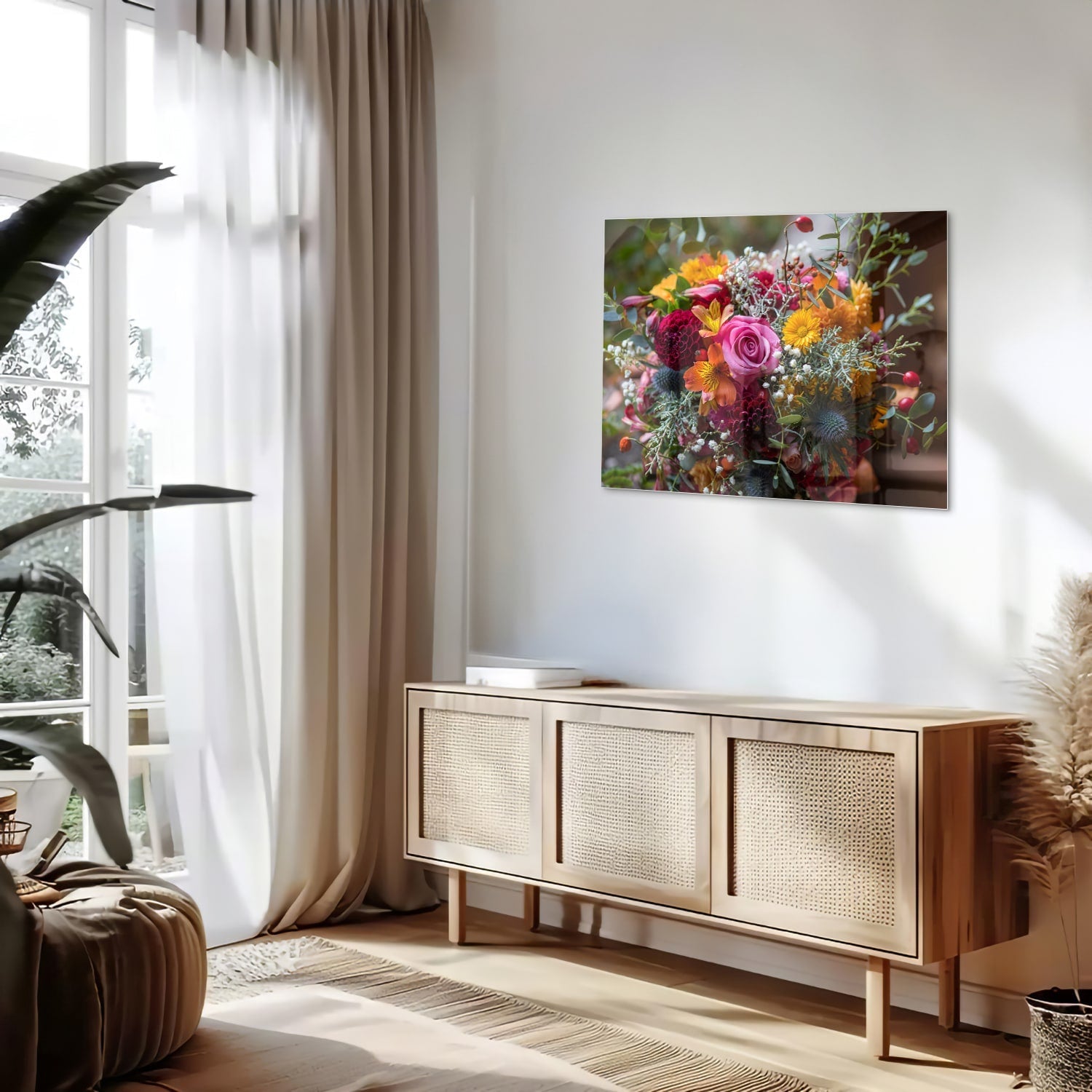 Farbenfrohes Glasbild mit einem Blumenstrauß