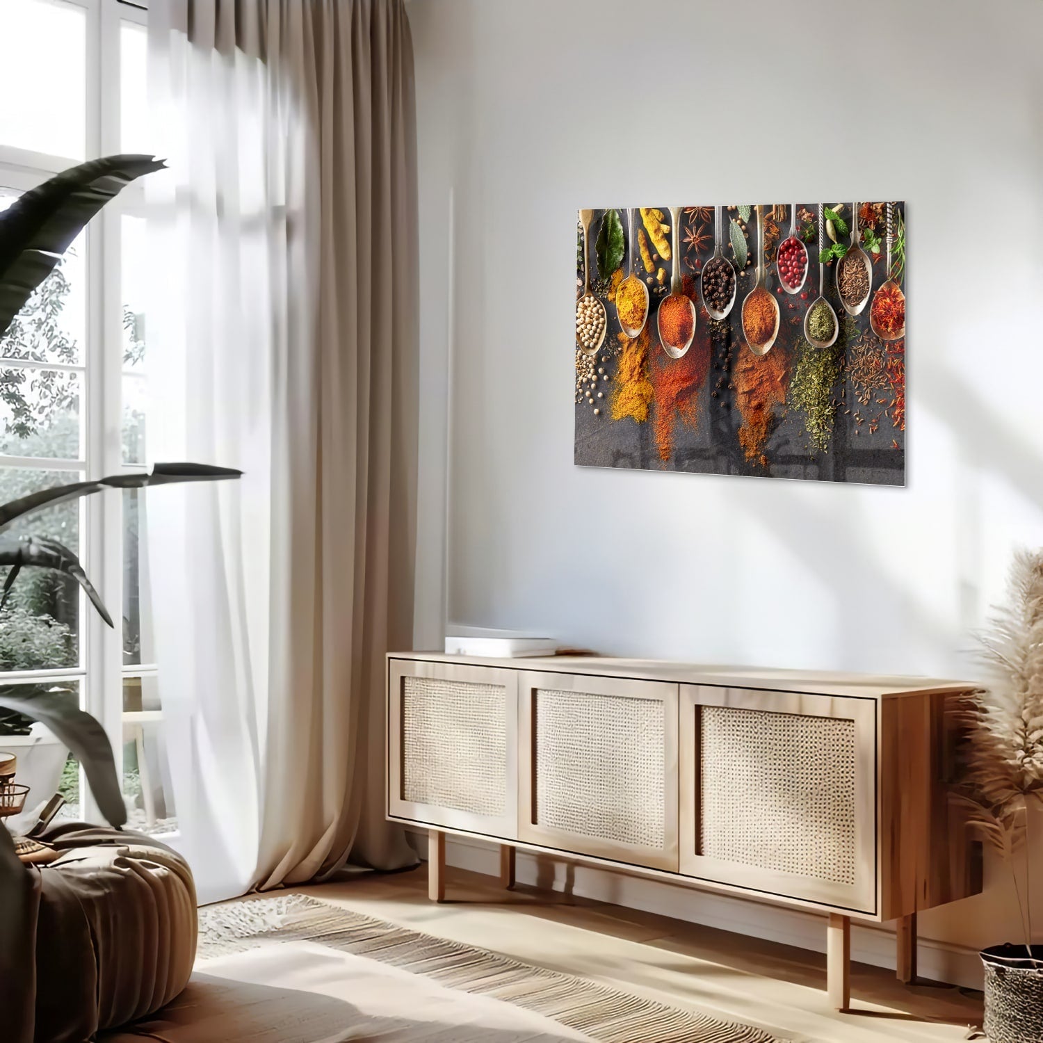 Farbenfrohes Glasbild mit Kräutern und Gewürzen