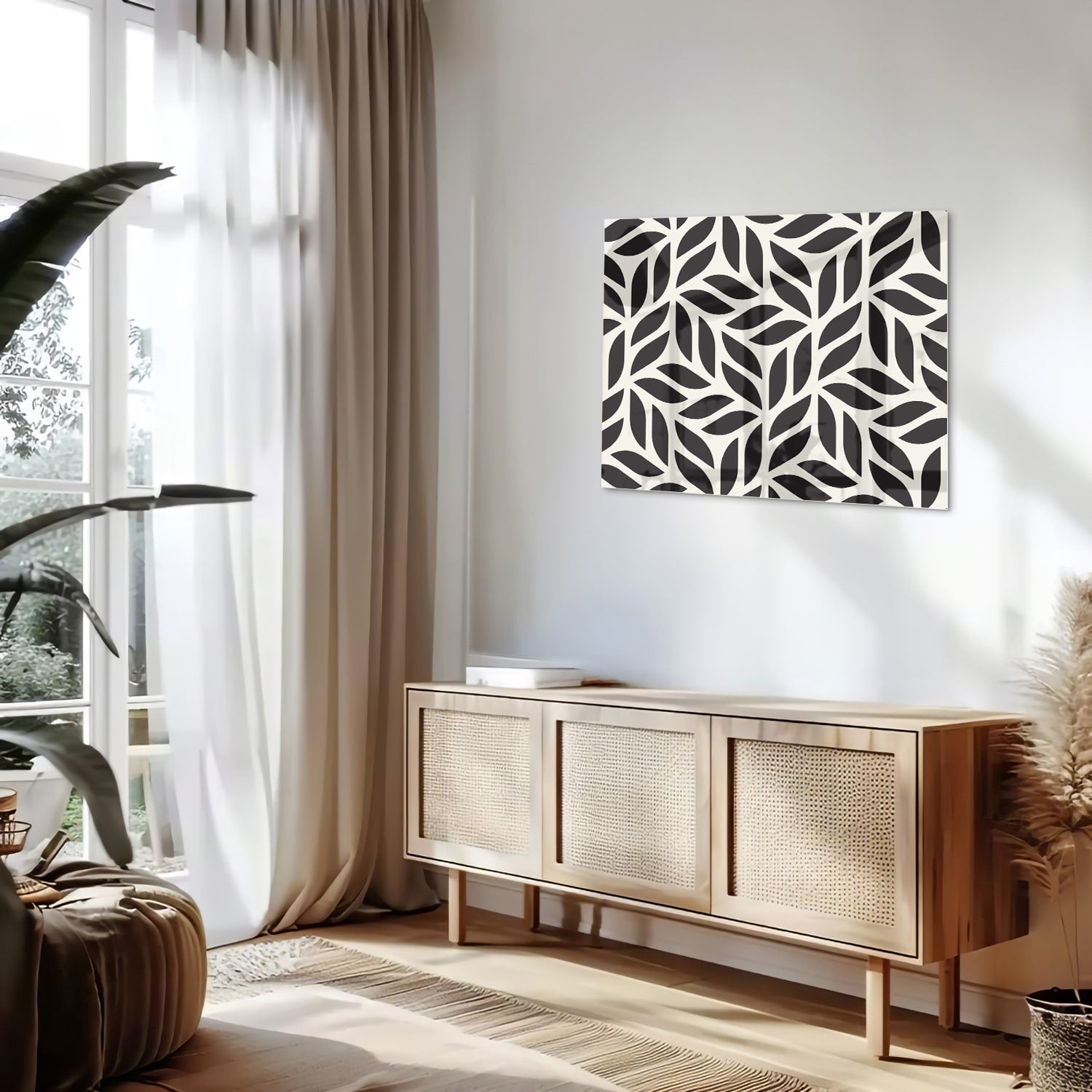 Schwarz-Weiß-Glasbild mit Blättermuster