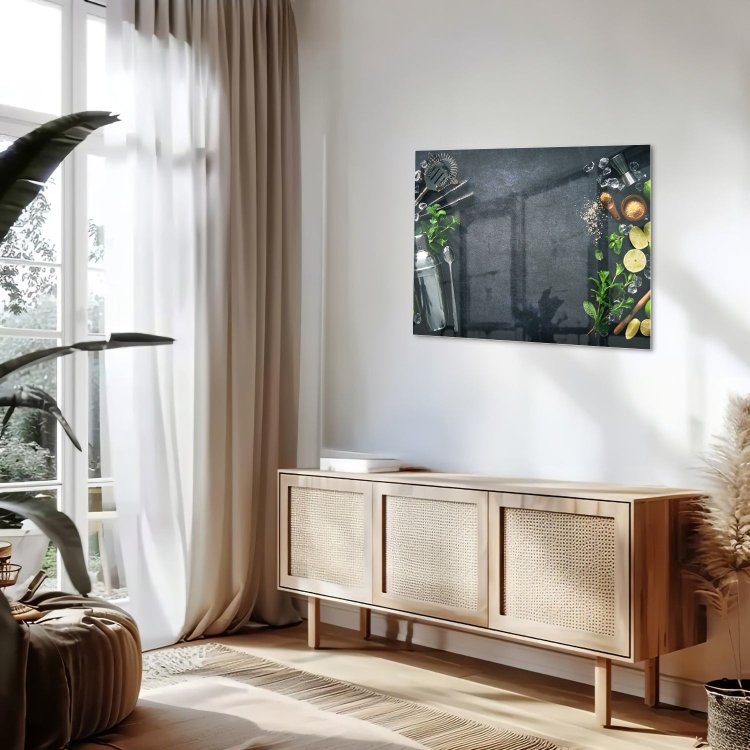 Elegantes Glasbild mit Kräutern und Zitronen