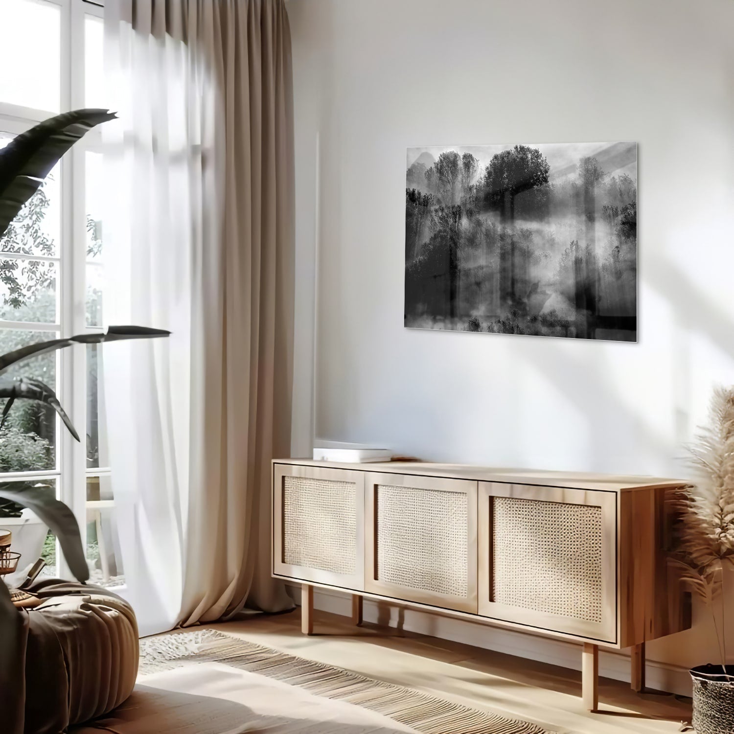 Abstraktes Schwarz-Weiß-Glasbild mit Bäumen