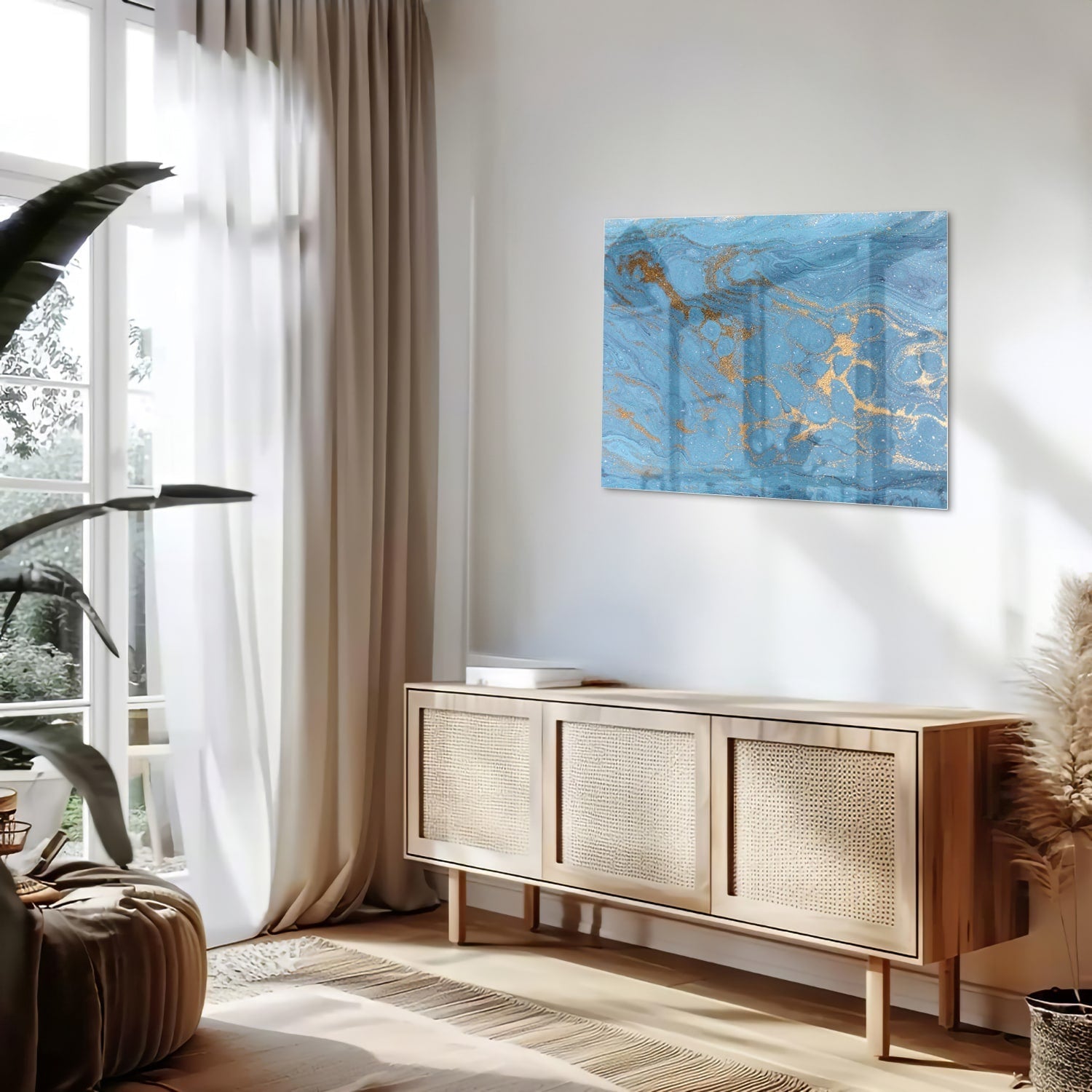Elegantes Glasbild in blauen und goldenen Farbtönen