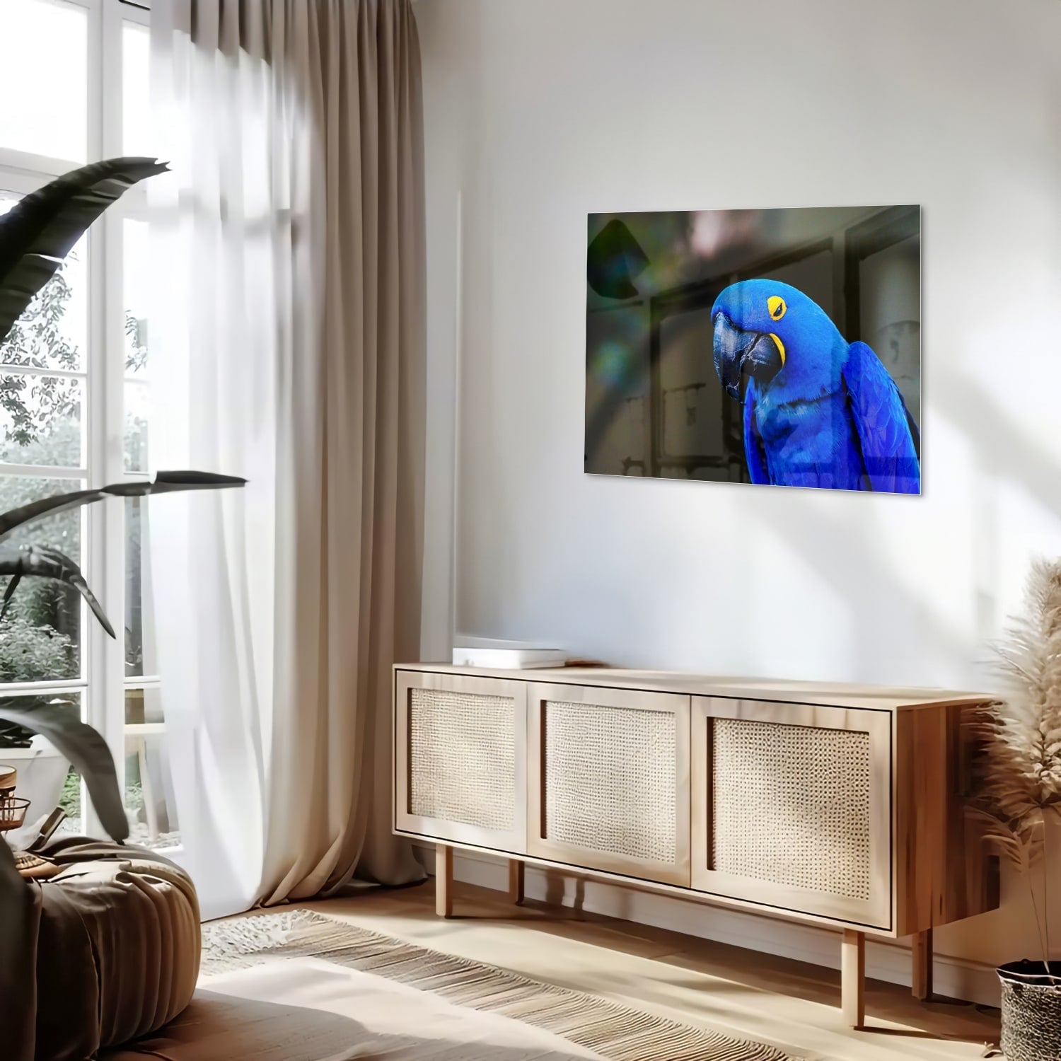 Glasbild mit einem wunderschönen blauen Ara
