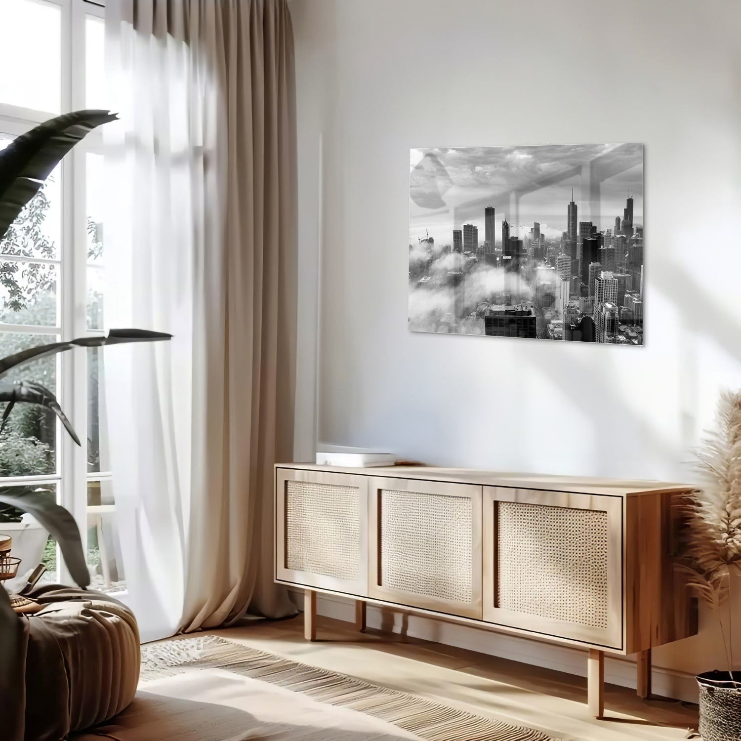Schwarz-Weiß-Glasbild mit Stadtmotiv