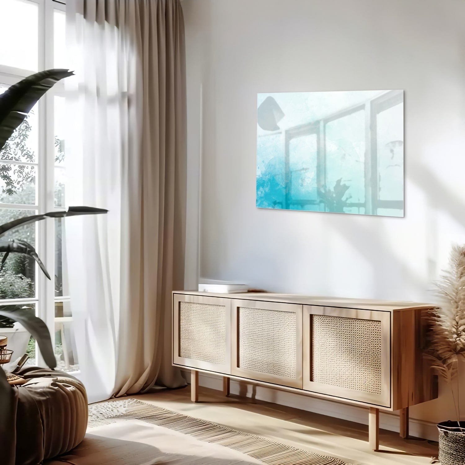 Abstraktes Glasbild in blauen und türkisen Farbtönen