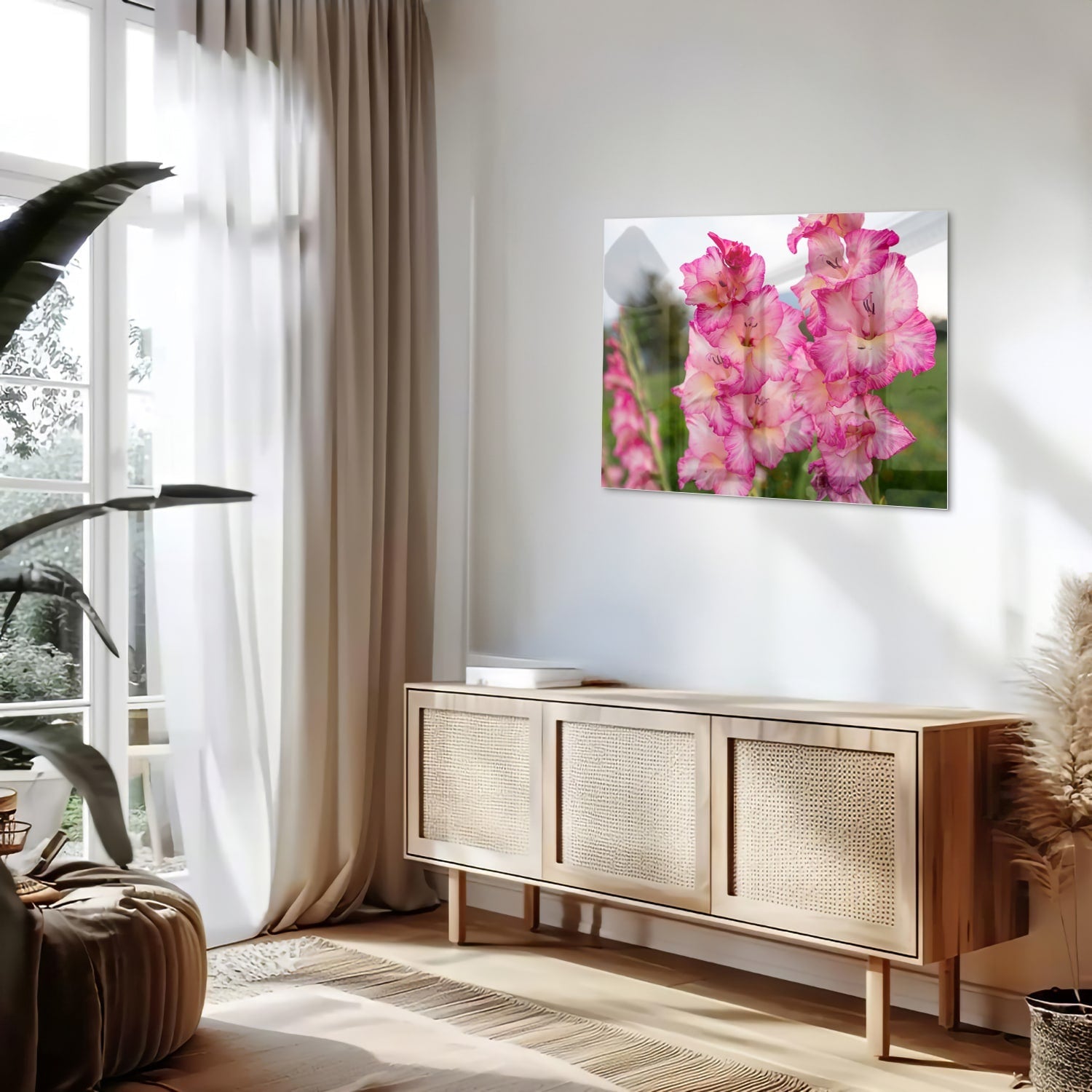 Glasbild mit wunderschönen rosa Gladiolen