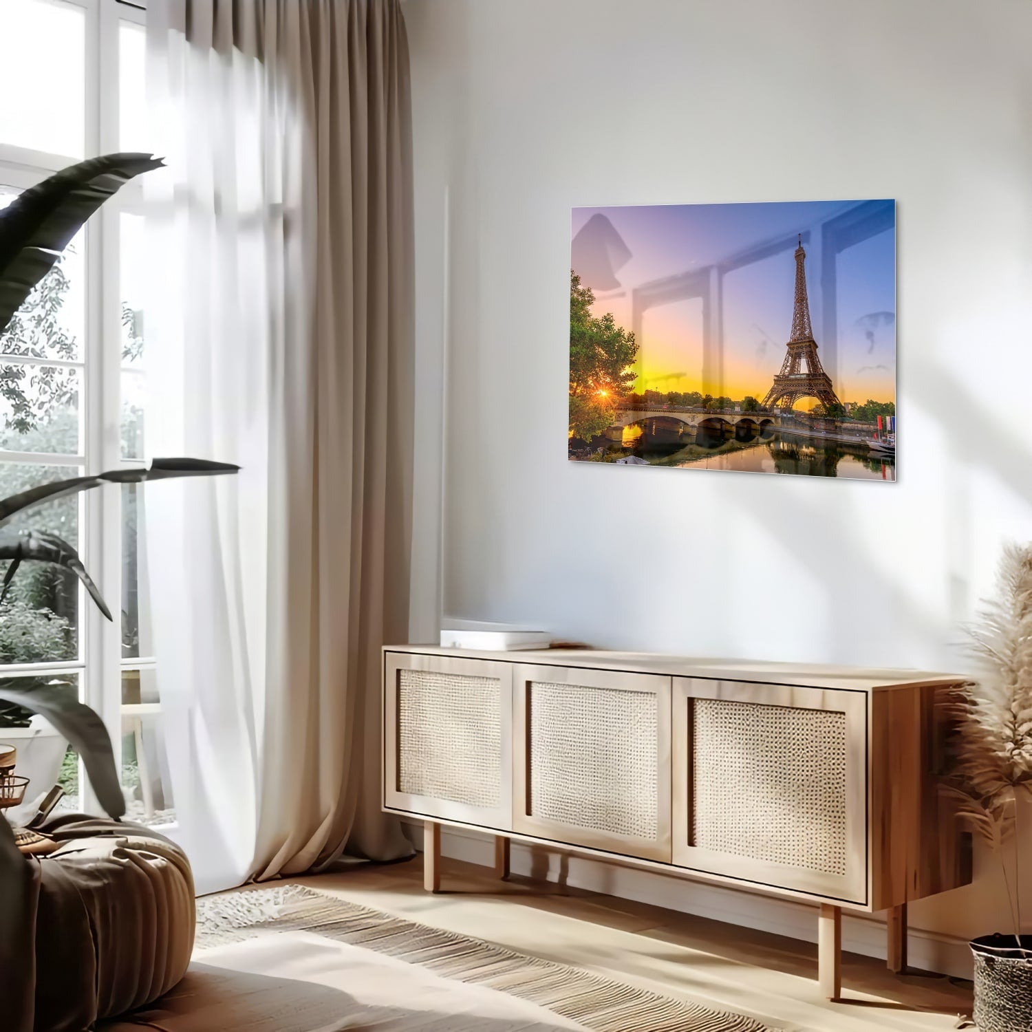 Glasbild mit dem Eiffelturm bei Sonnenuntergang