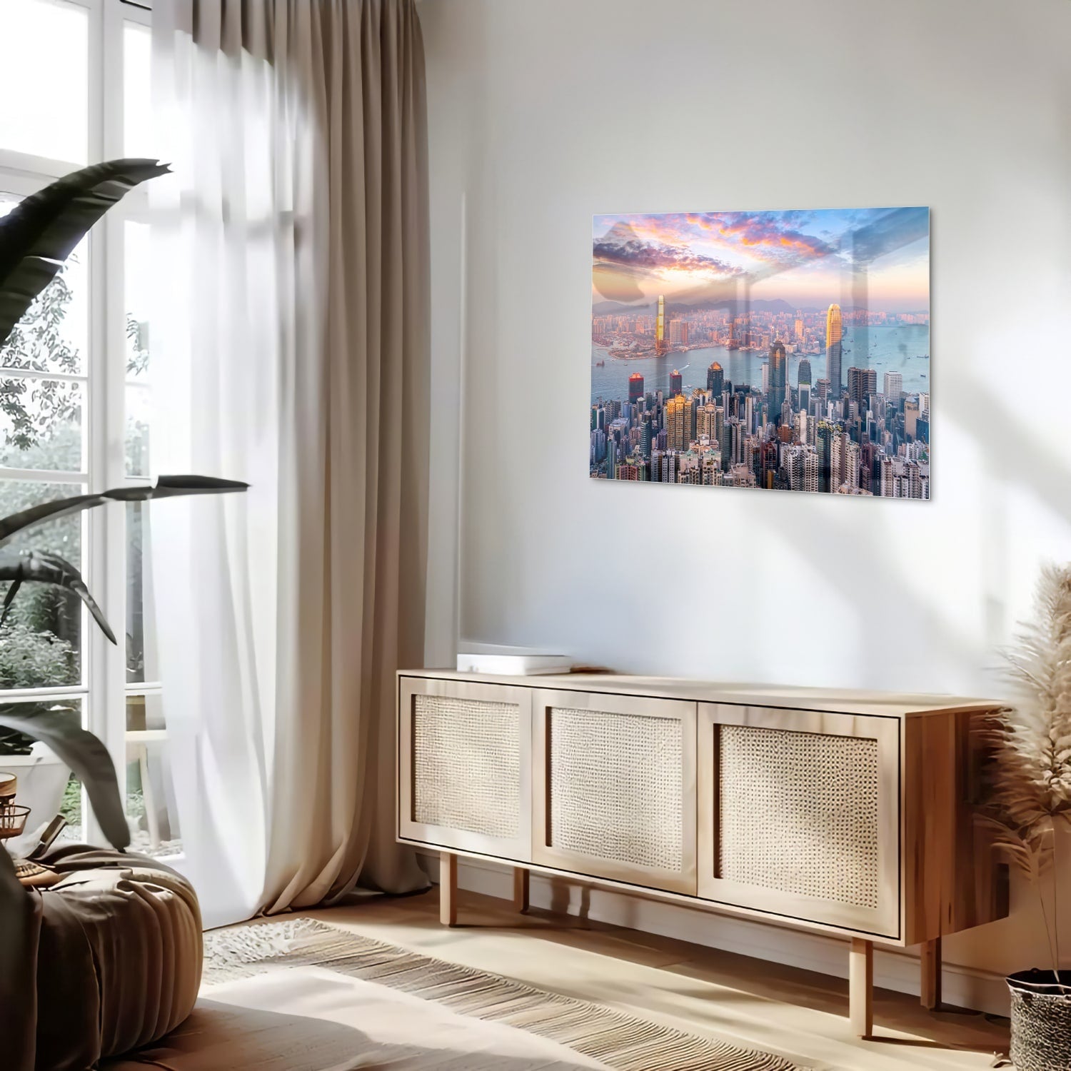 Glasbild mit Stadtansicht bei Sonnenuntergang