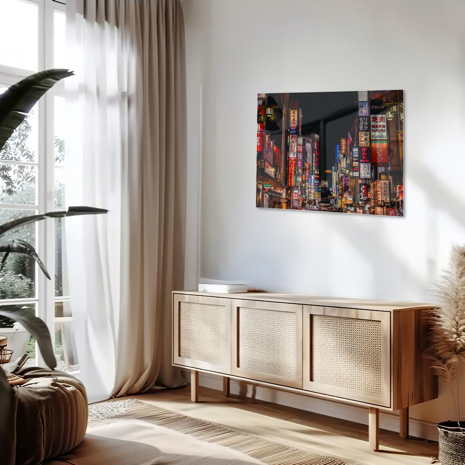 Glasbild mit urbaner Szenerie und bezaubernden Neonlichtern