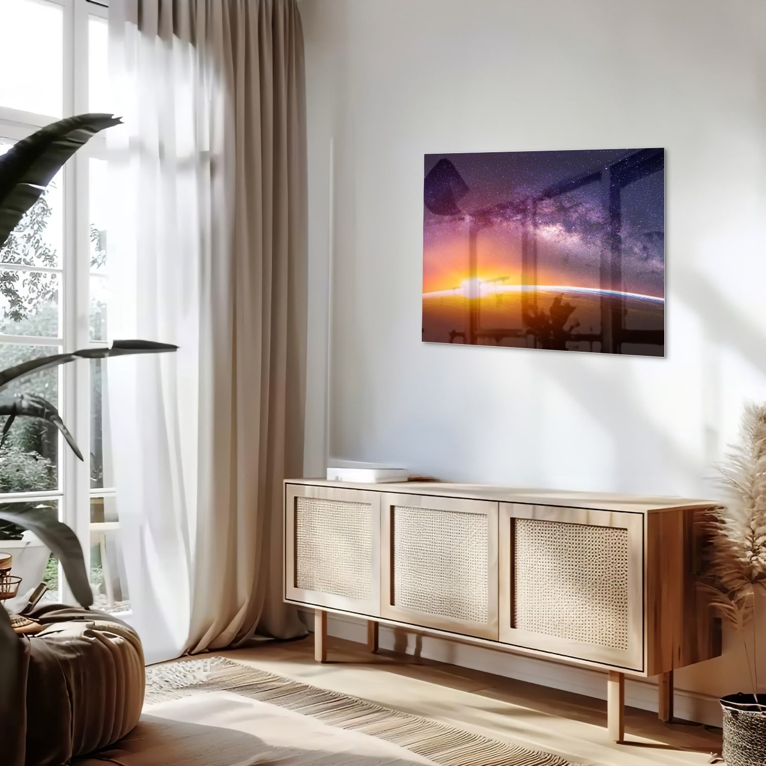 Glasbild mit einem Sternenhimmel bei Sonnenuntergang