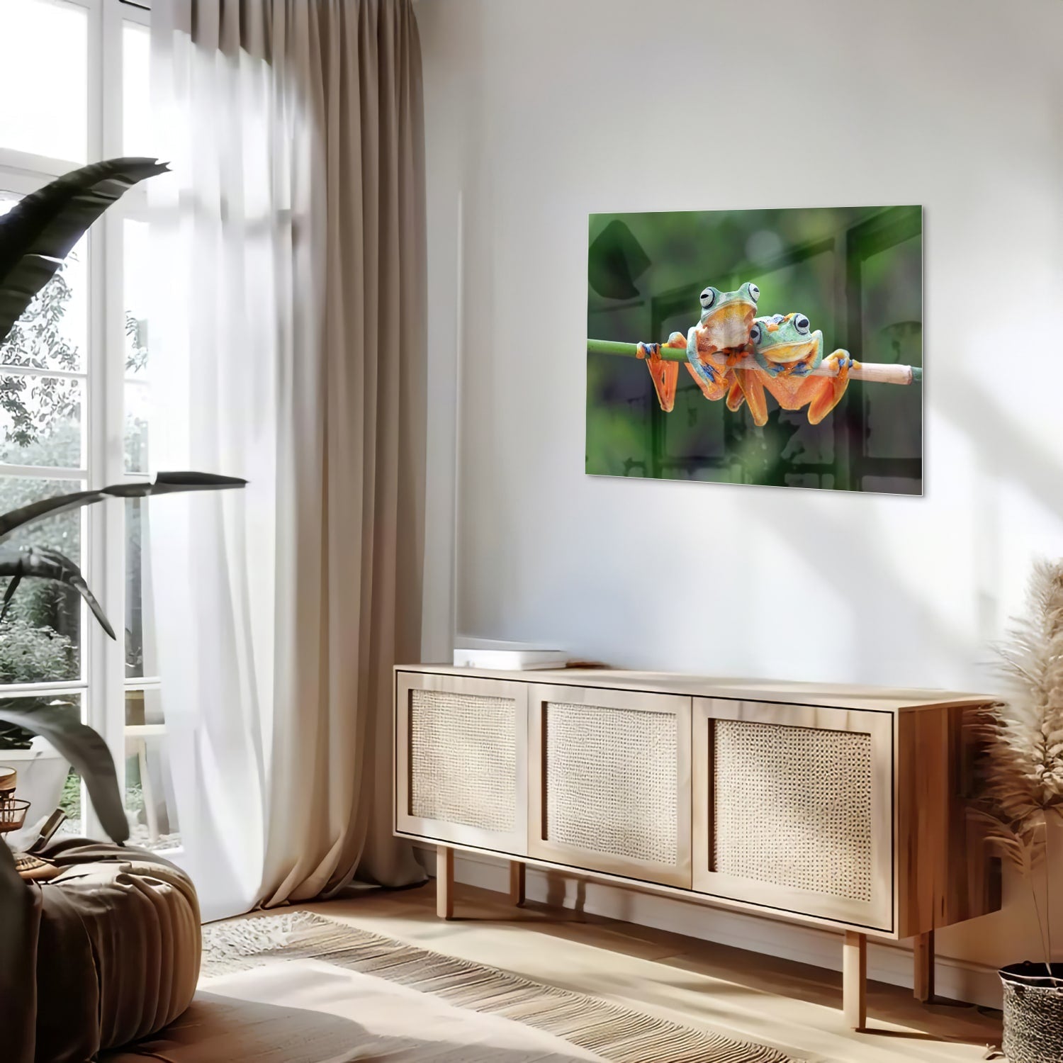 Fröhliches Glasbild mit Frosch auf einem Ast