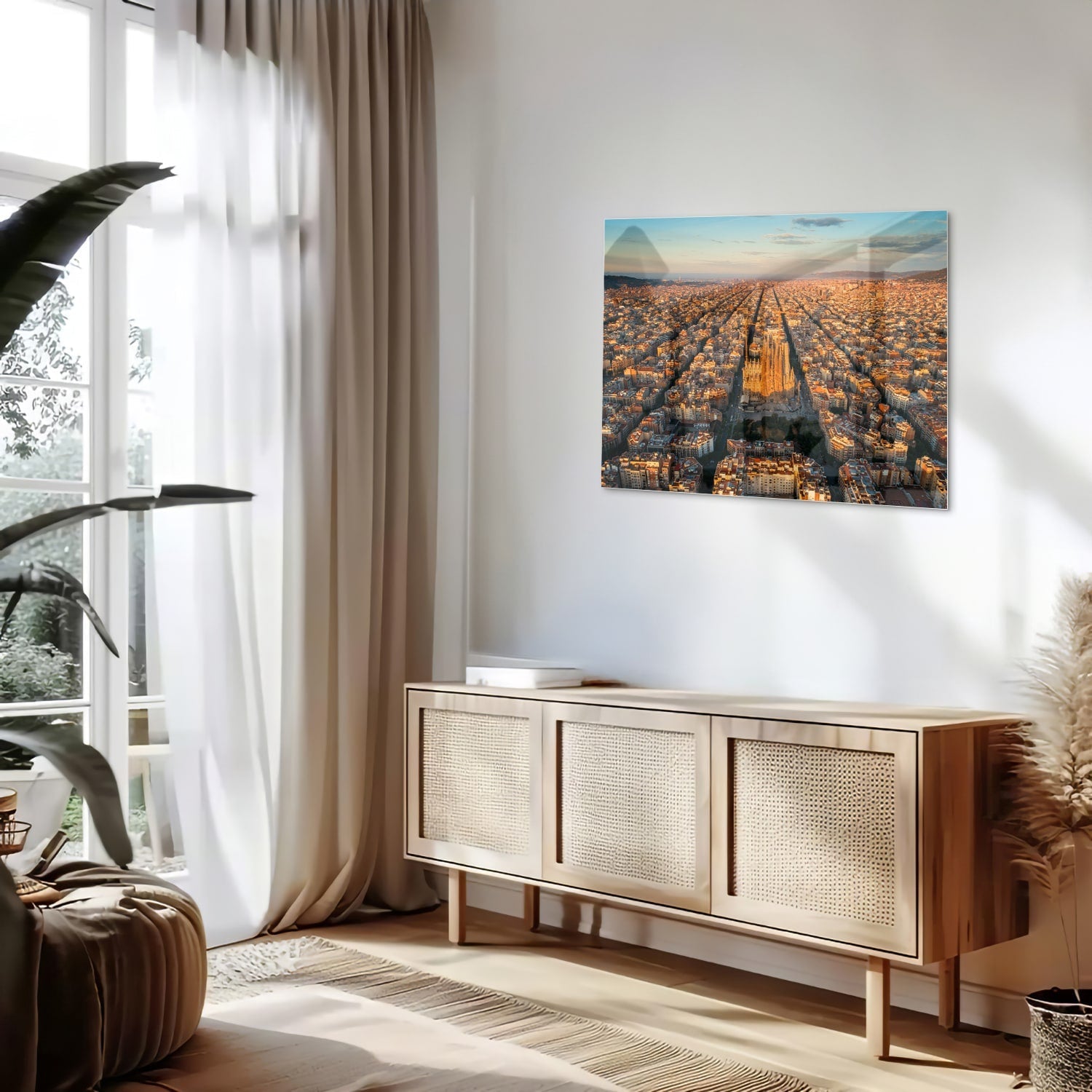 Glasbild mit atemberaubendem Stadtblick bei Sonnenuntergang