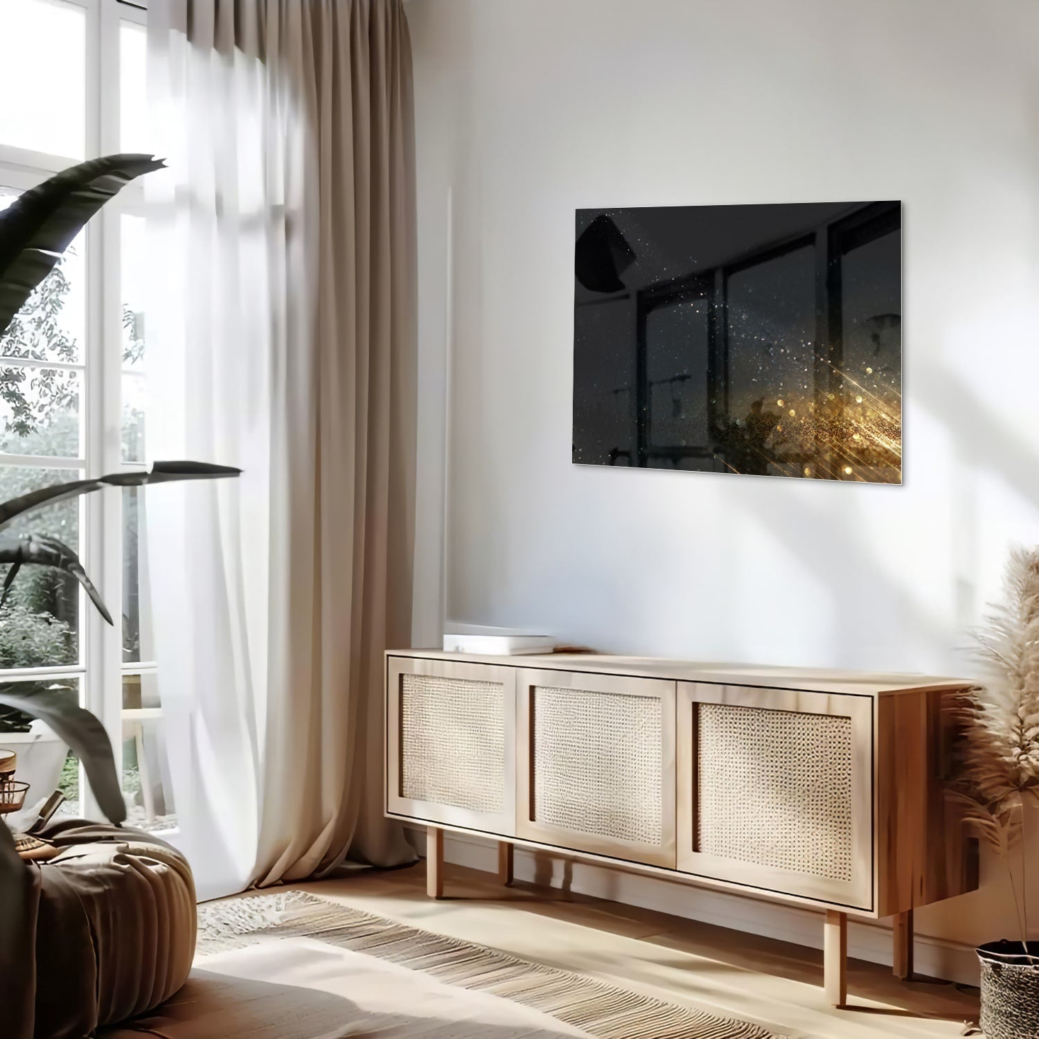 Schwarzes Glasbild mit Sternen und Lichtreflexionen