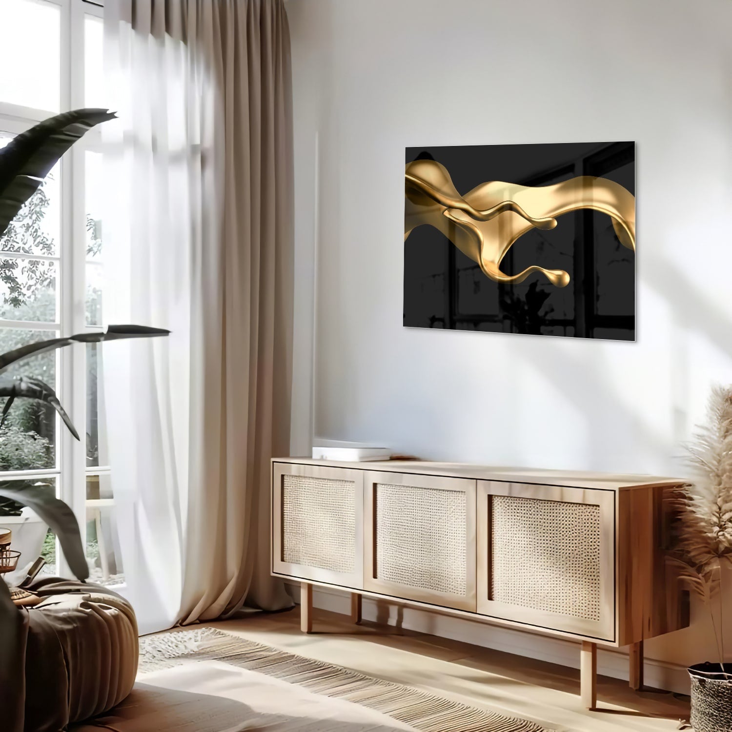 Abstraktes Glasbild mit goldener Welle für elegante Innenräume
