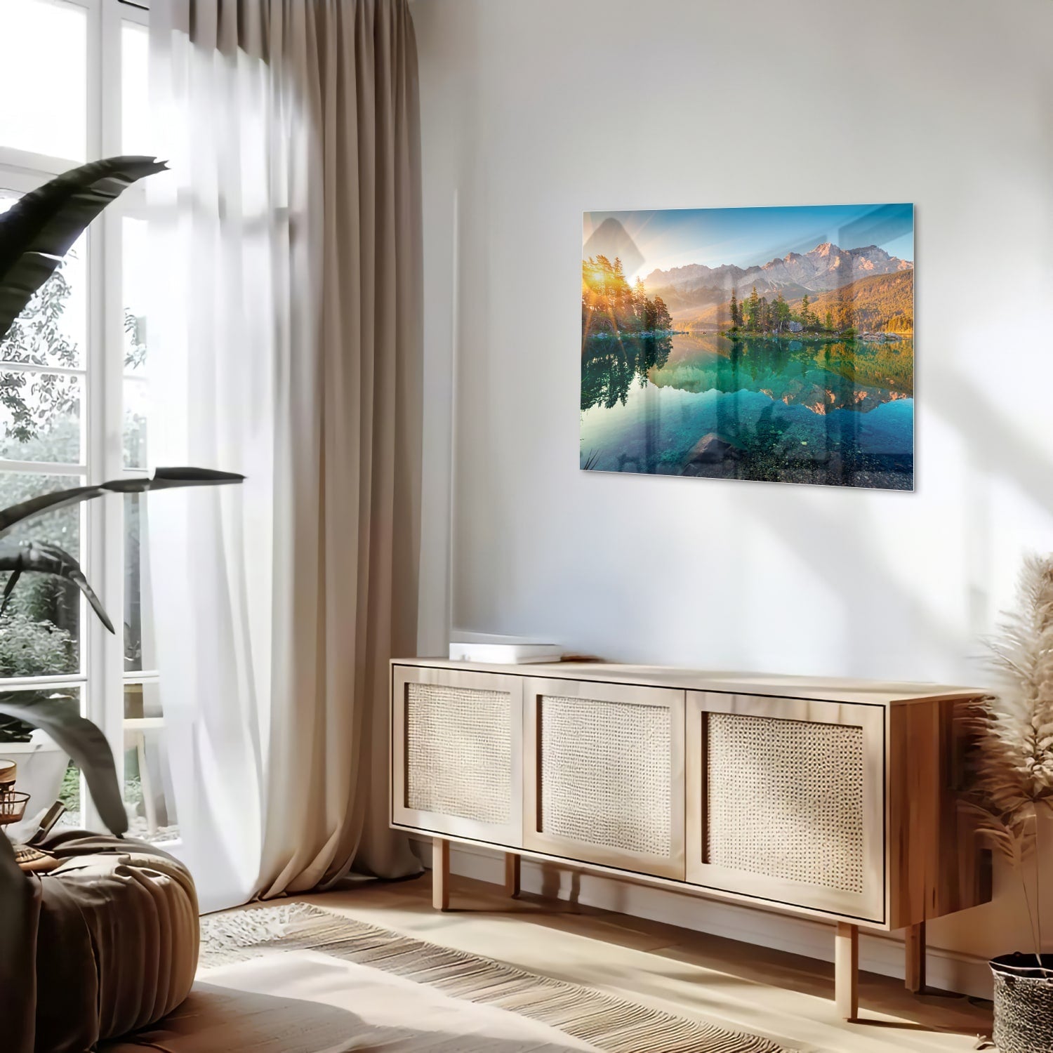 Wunderschönes Glasbild mit Berglandschaft und See