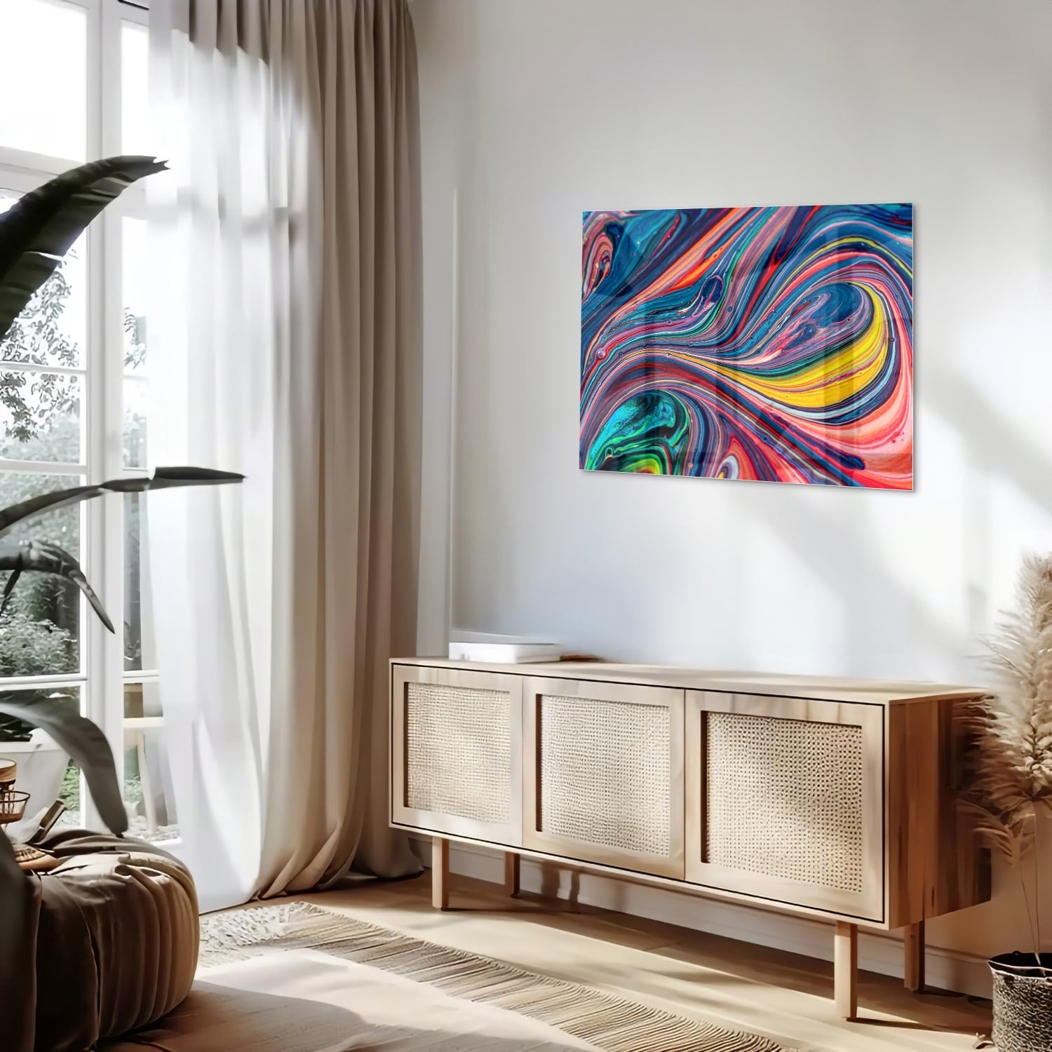 Farbenfrohes abstraktes Glasbild für ein modernes Interieur