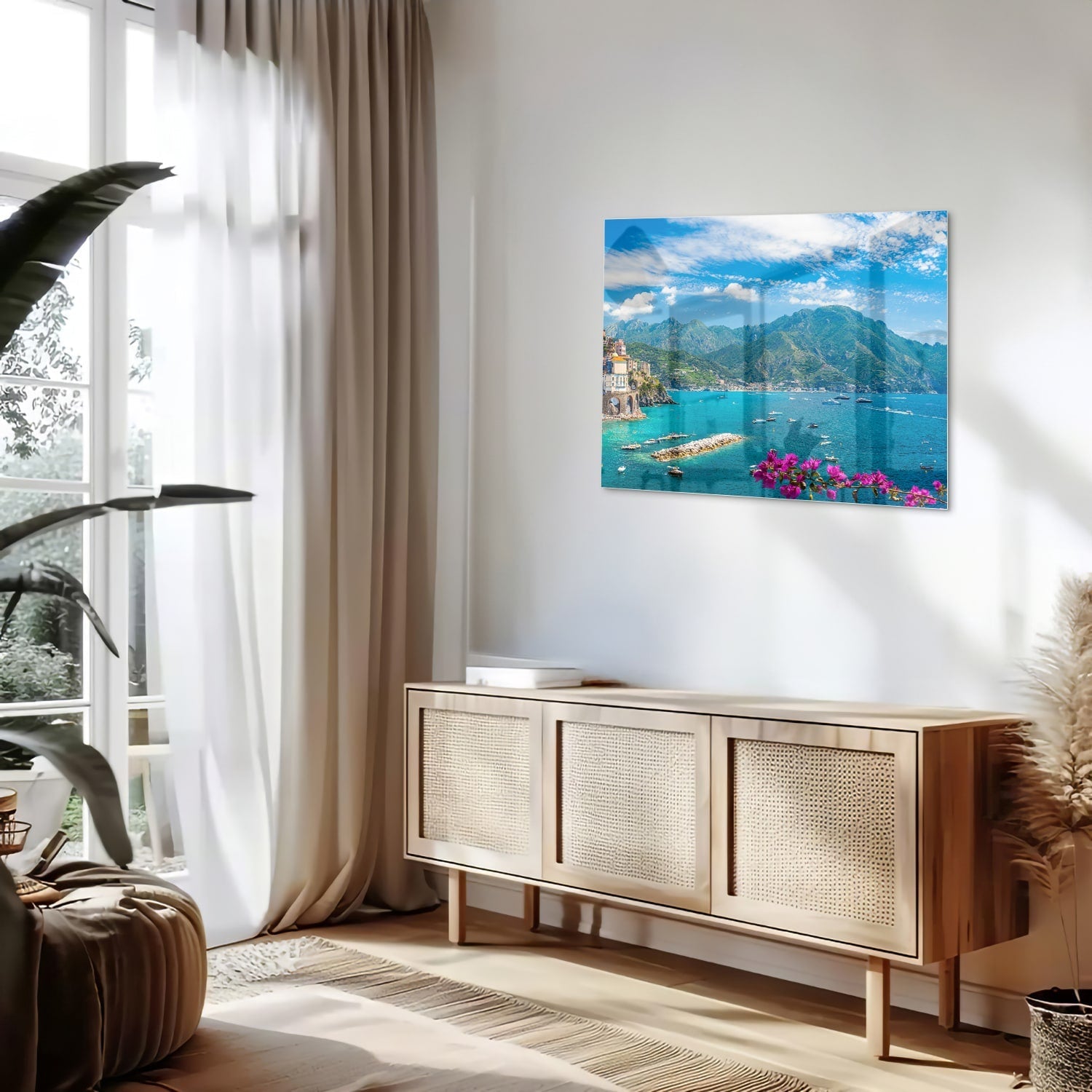 Glasbild mit blauem See und Bergen