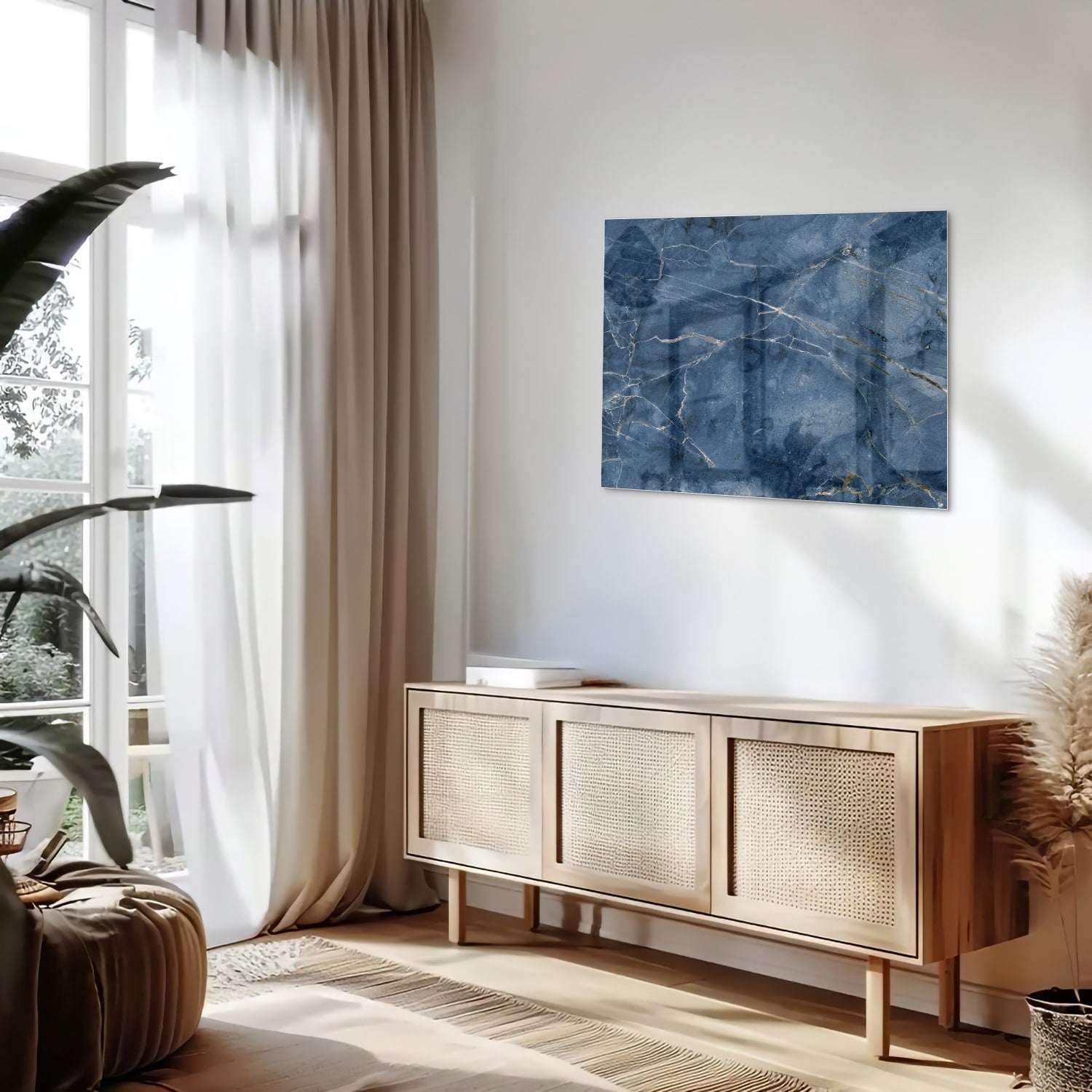 Blaues Glasbild mit Marmoroptik