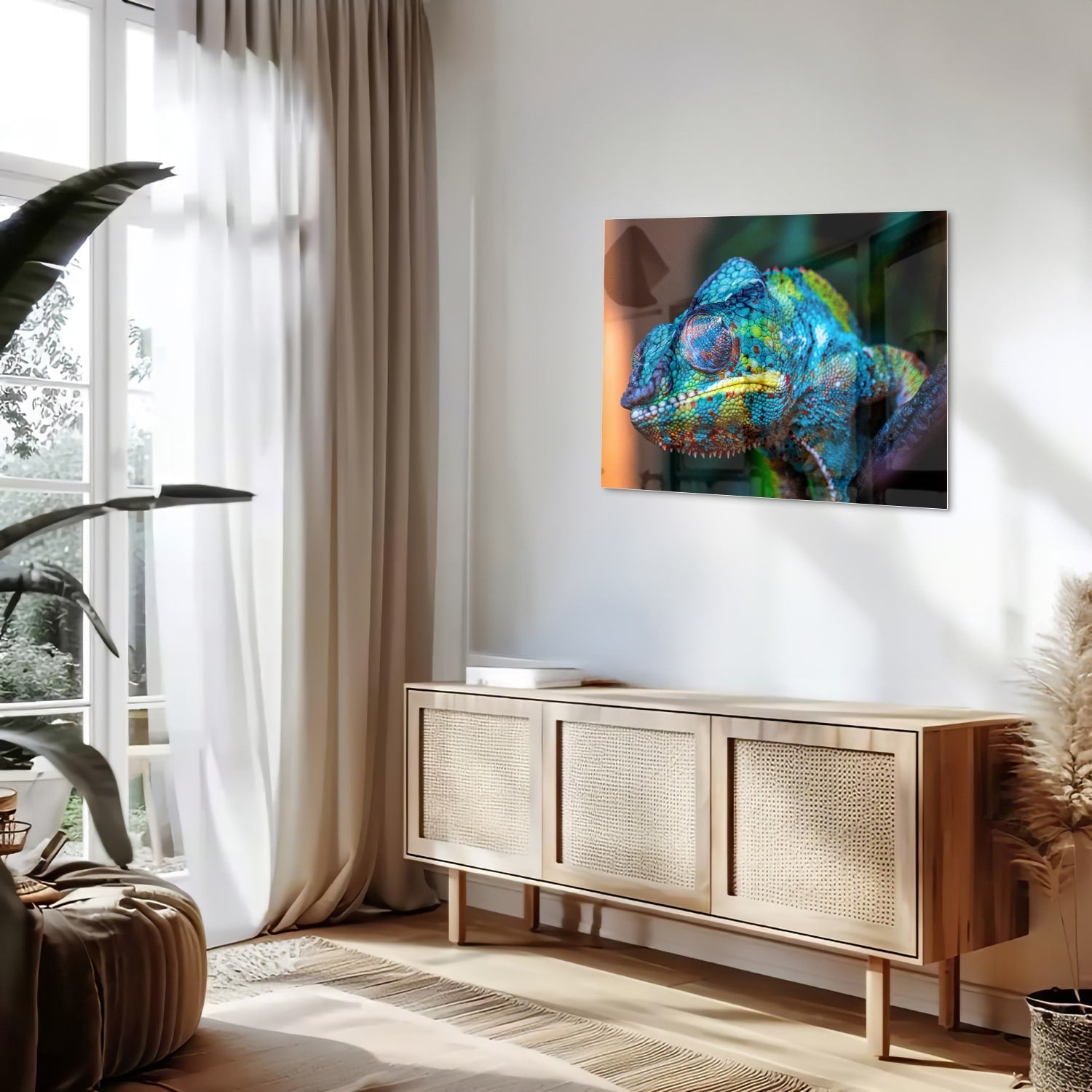 Farbenfrohes Chamäleon-Glasbild für Ihr Interieur