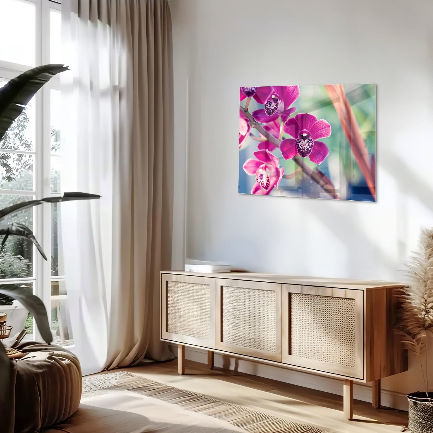 Wunderschönes Glasbild mit violetten Orchideen