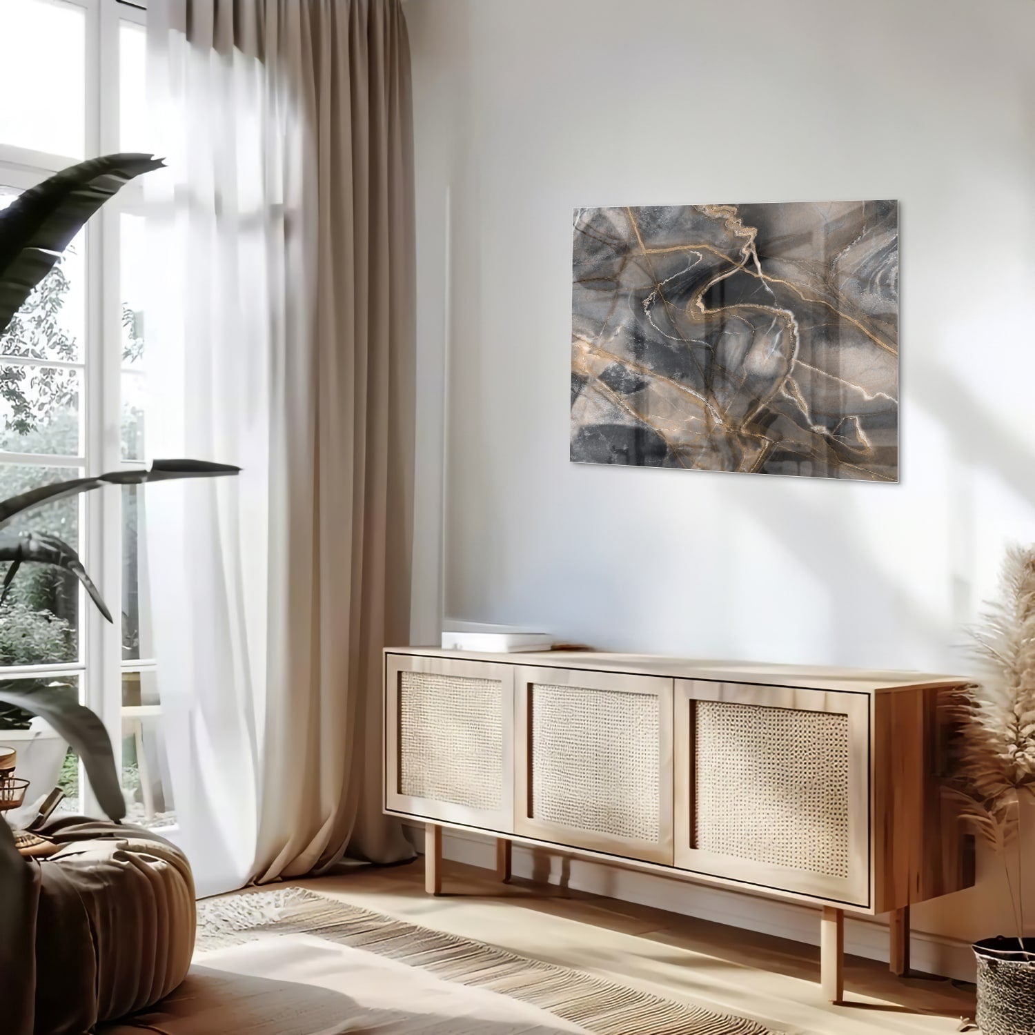 Modernes Glasbild mit abstrakten Linien in Schwarz und Gold