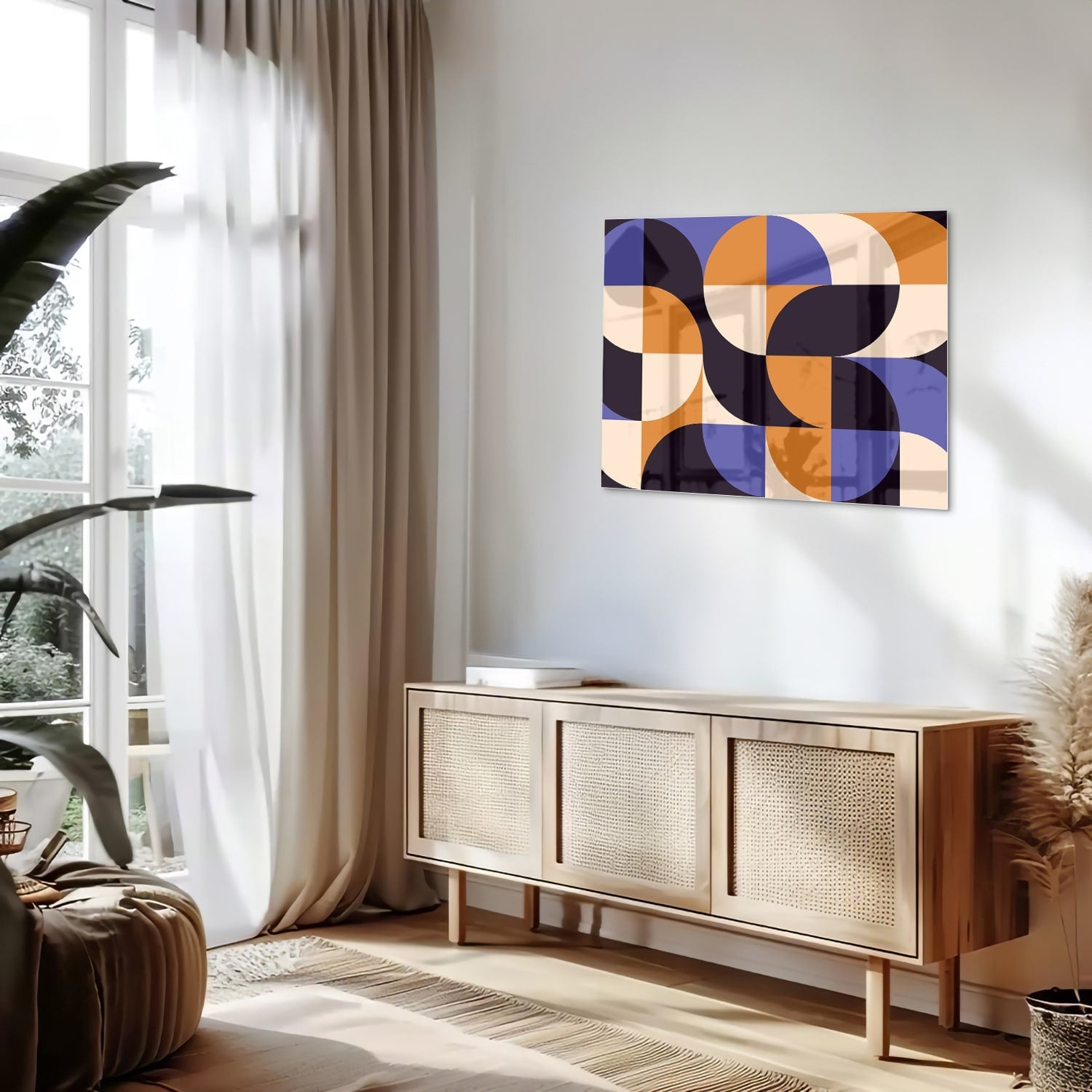 Abstraktes Glasbild in blauen und Orangetönen
