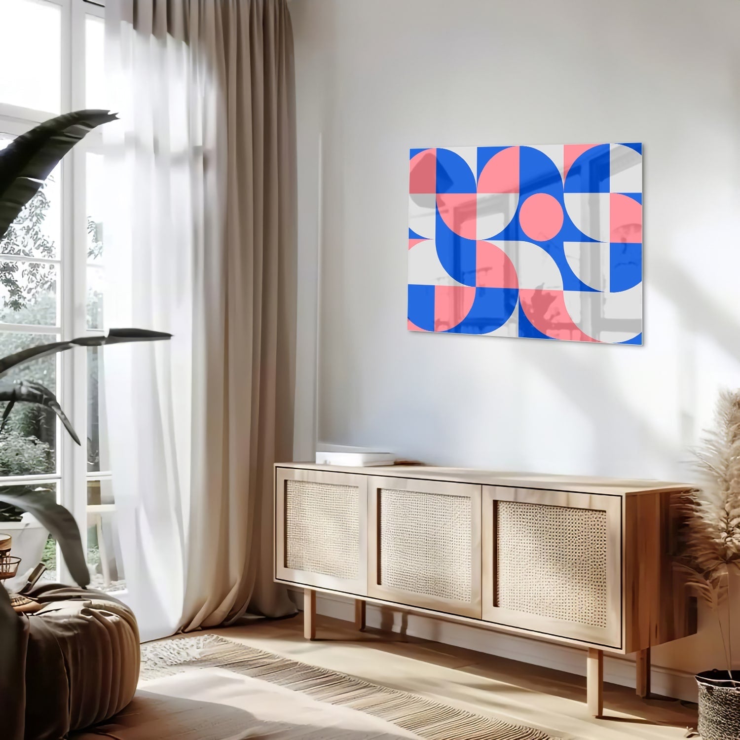 Abstraktes Glasbild mit blauen und rosa Farbtönen
