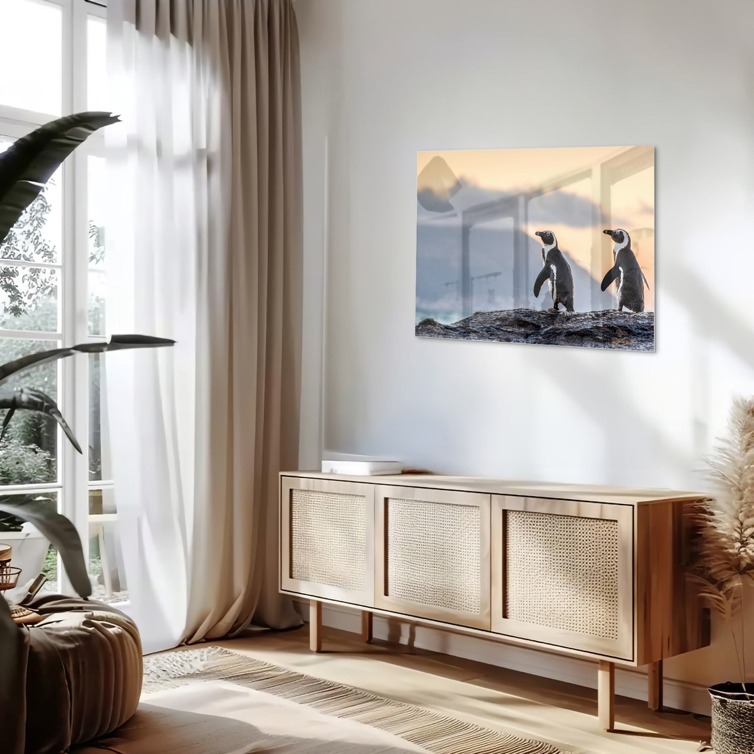 Glasbild mit Pinguinen bei Sonnenuntergang