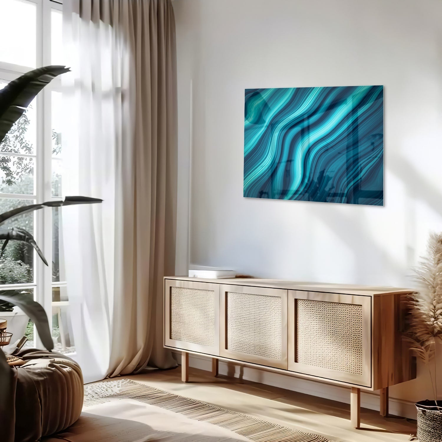 Stilvolles Glasbild mit blauen Wellen