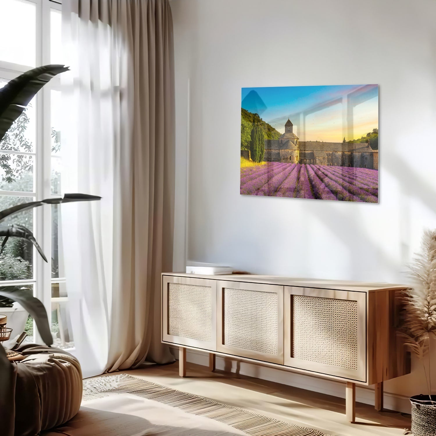 Wunderschönes Glasbild mit Lavendelfeldern
