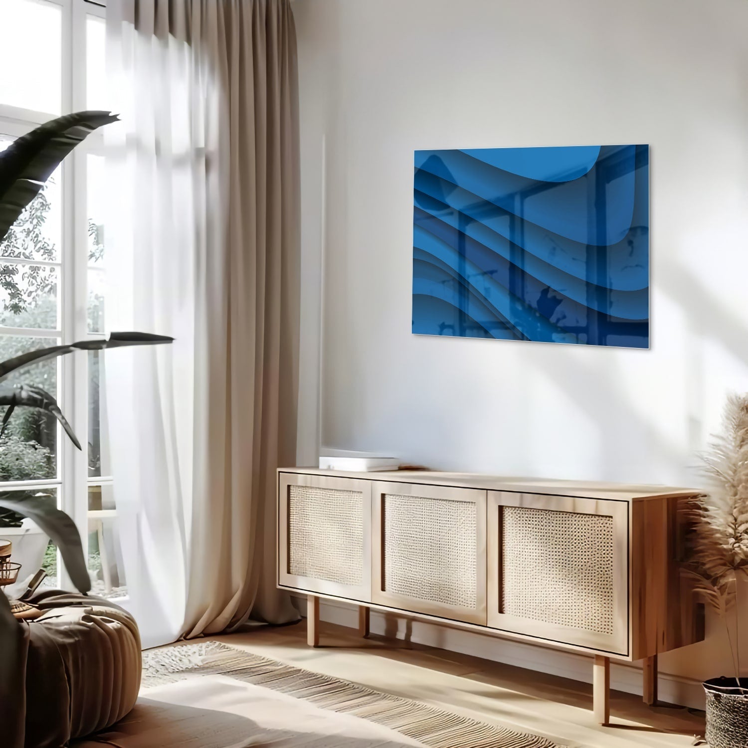 Modernes Glasbild in verschiedenen Blautönen