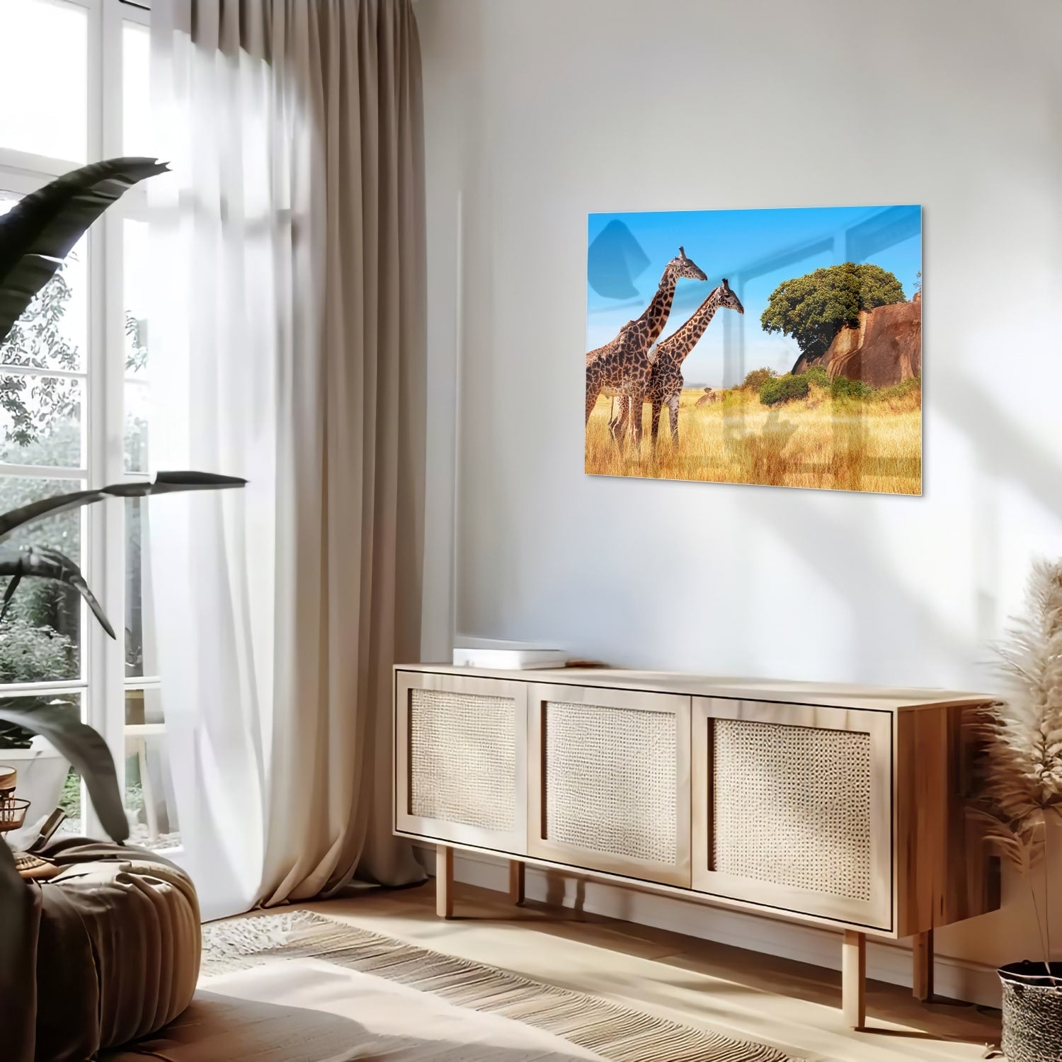 Glasbild mit zwei Giraffen in der afrikanischen Landschaft