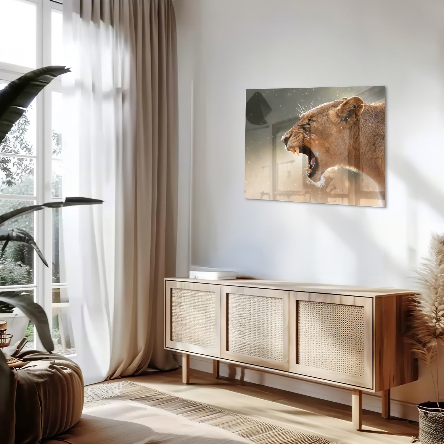 Beeindruckendes Glasbild mit einem brüllenden Löwen