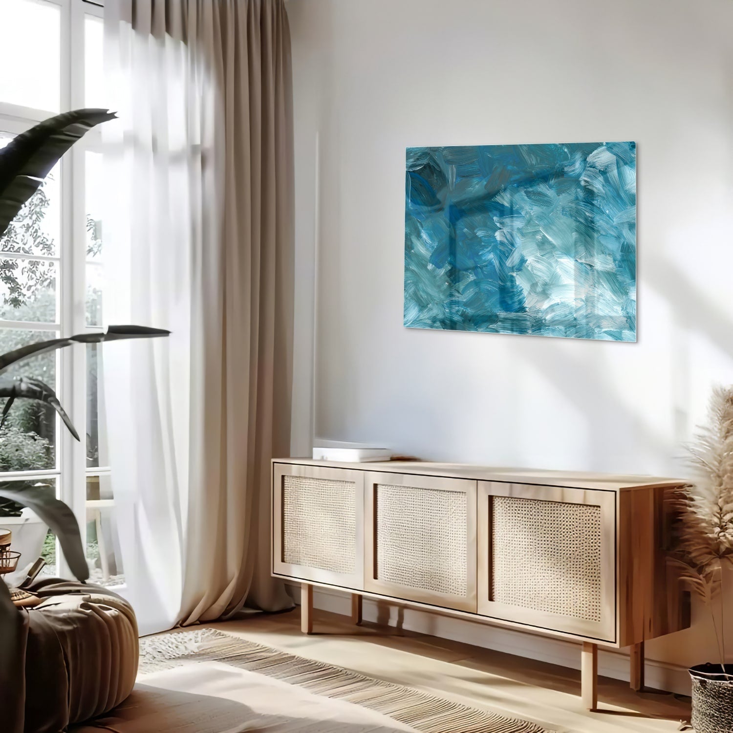 Abstraktes Glasbild in harmonischen Blautönen