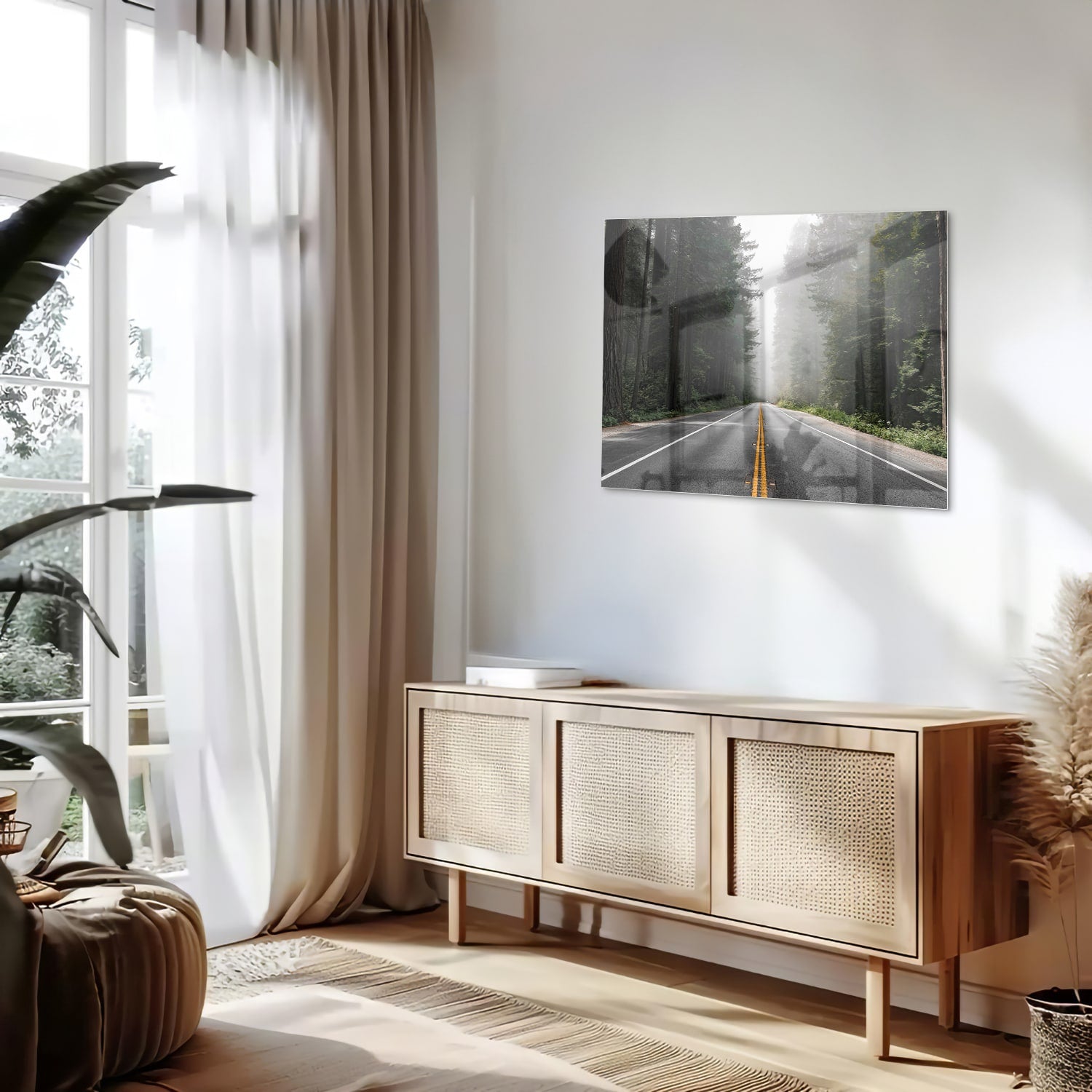 Glasbild – Erkundung eines nebligen Weges