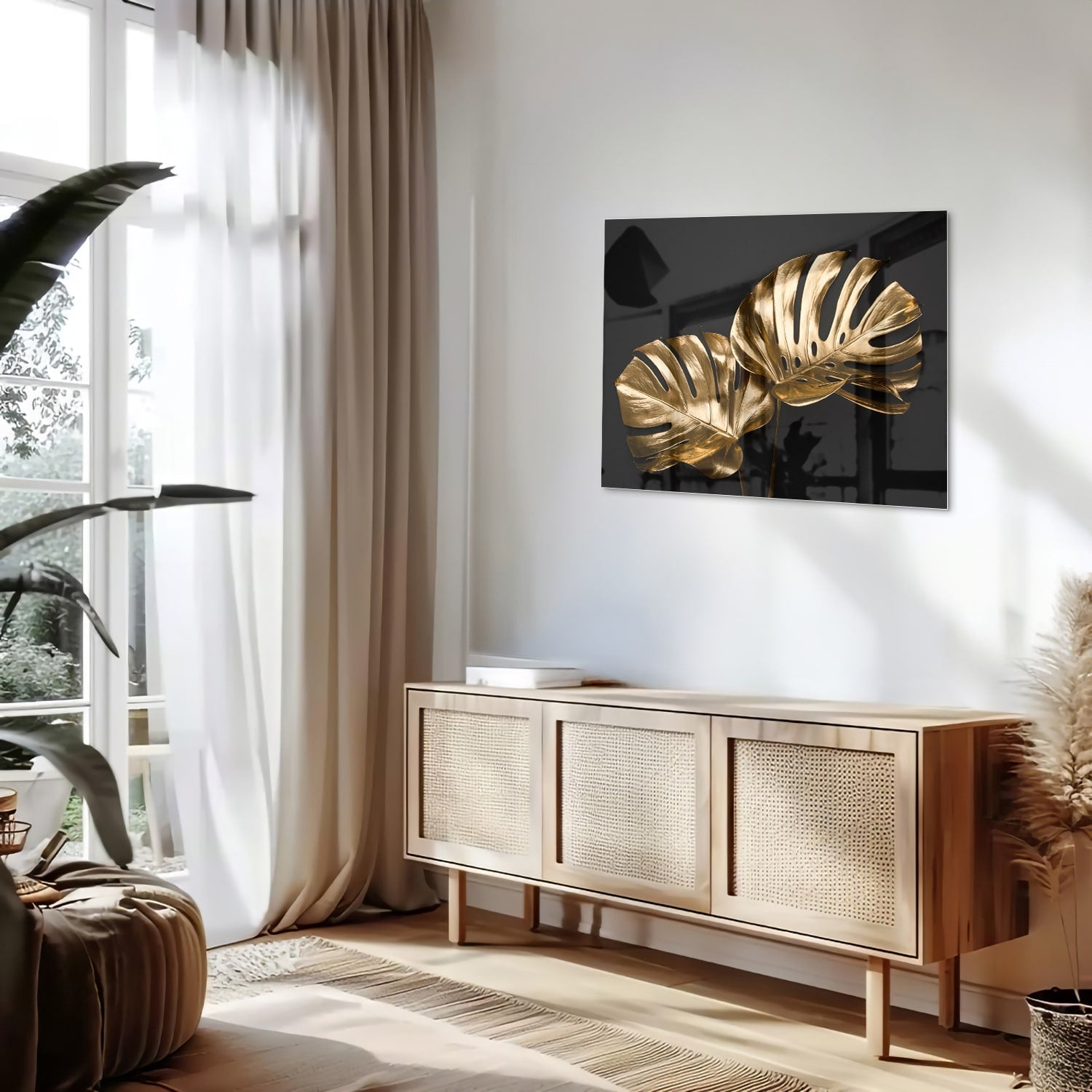Goldenes Monstera-Glasbild für Wanddekoration