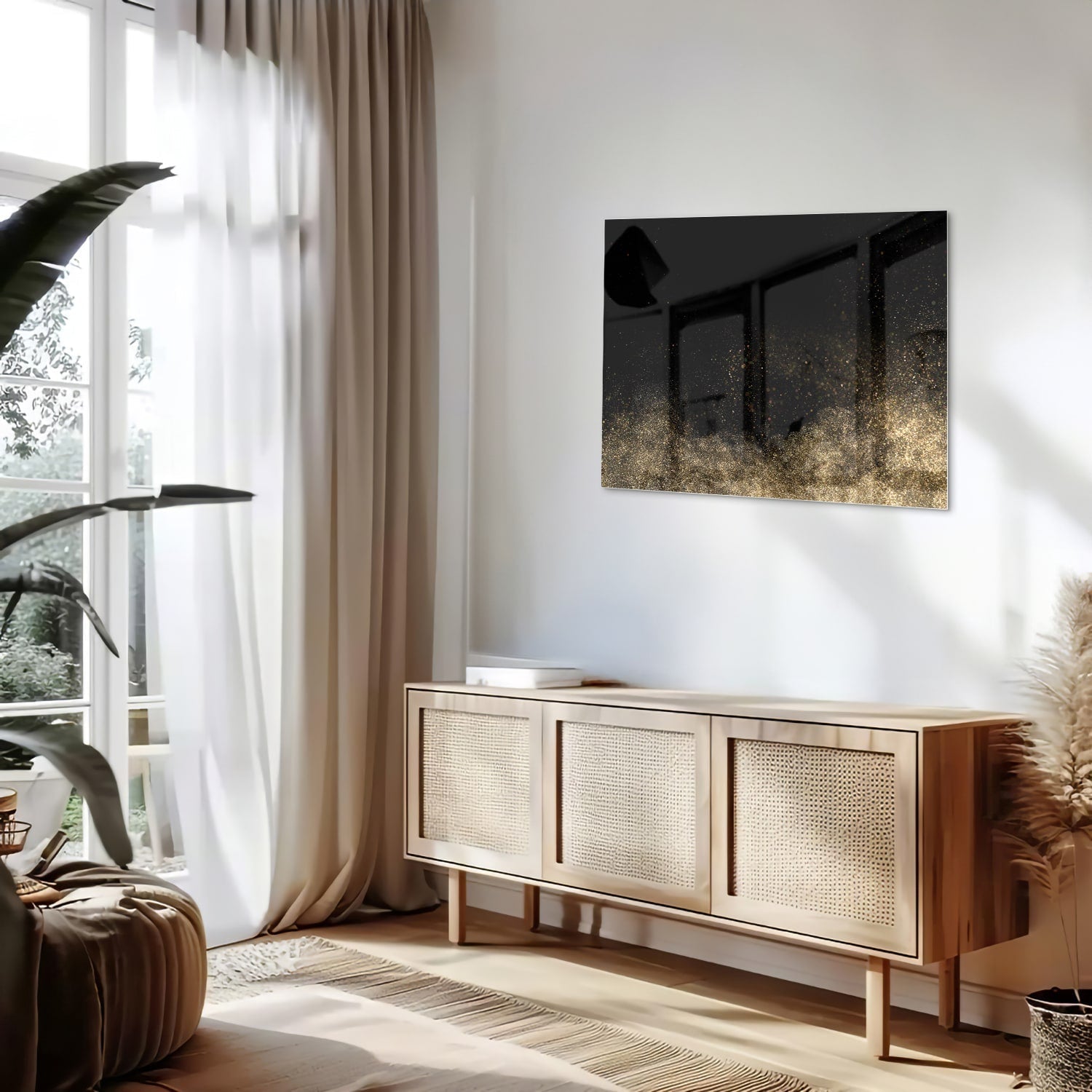 Stilvolles Glasbild mit schwarzen und goldenen Akzenten