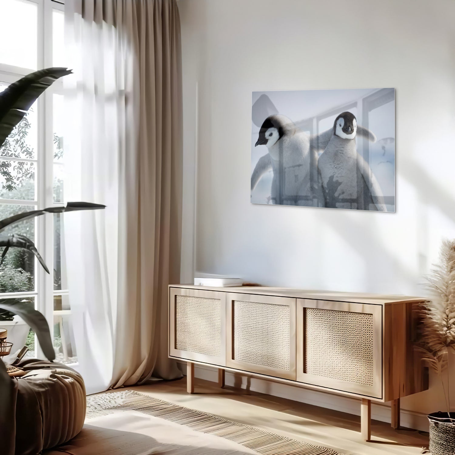 Glasbild mit zwei Pinguinen in winterlicher Atmosphäre