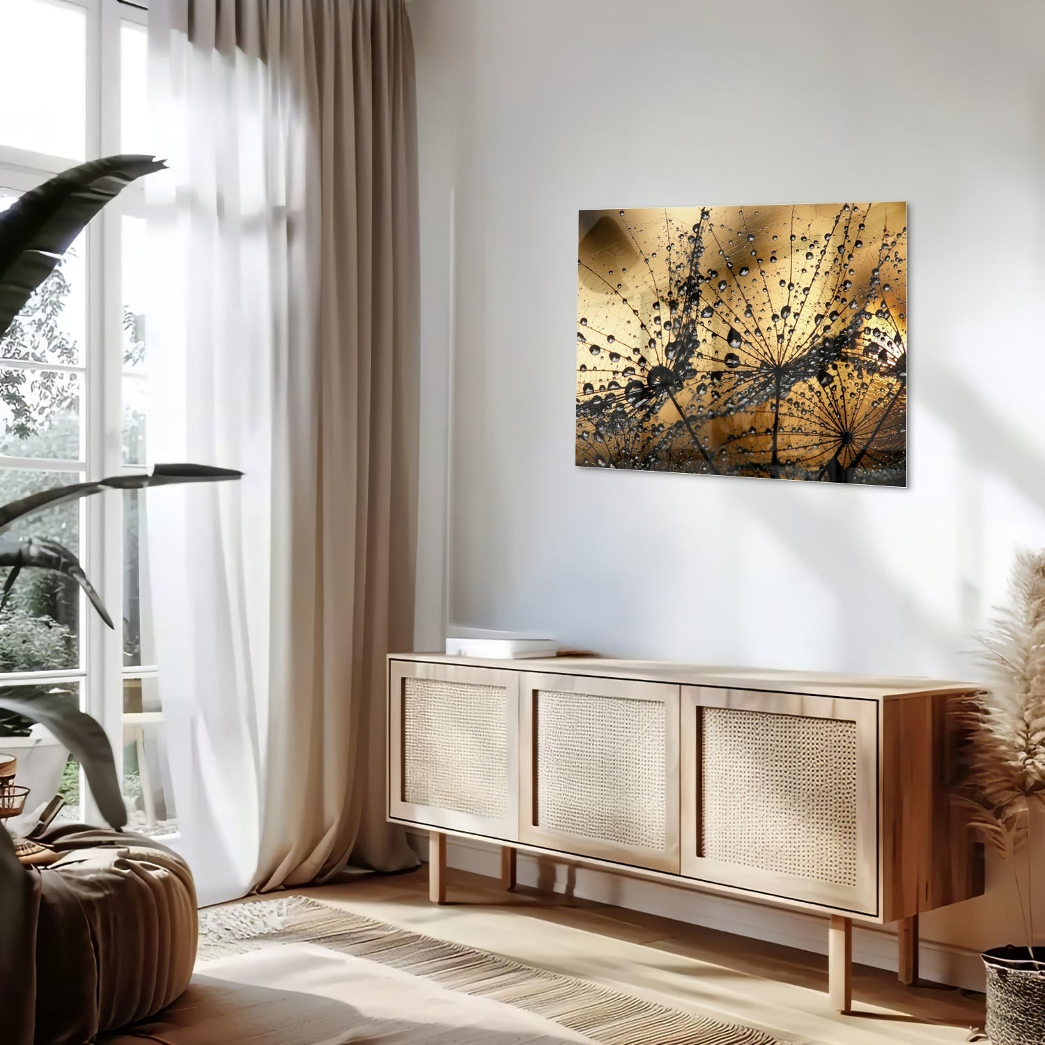 Glasbild mit goldenen Wassertropfen