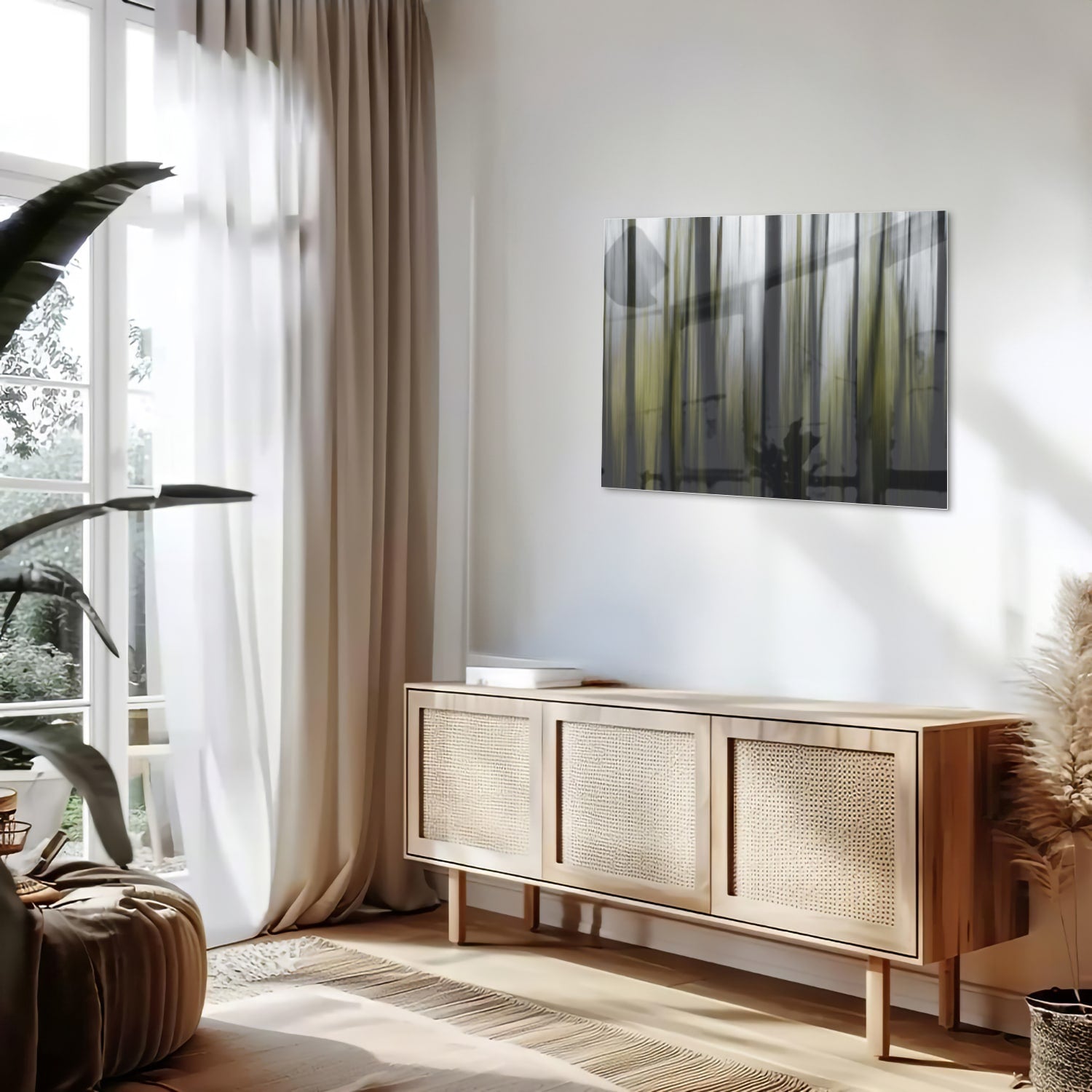 Glasbild mit grünem Bambus in einem modernen Wohnzimmer