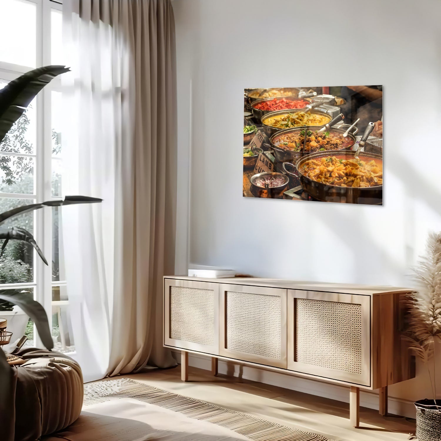 Farbenfrohes Glasbild mit indischem Essen