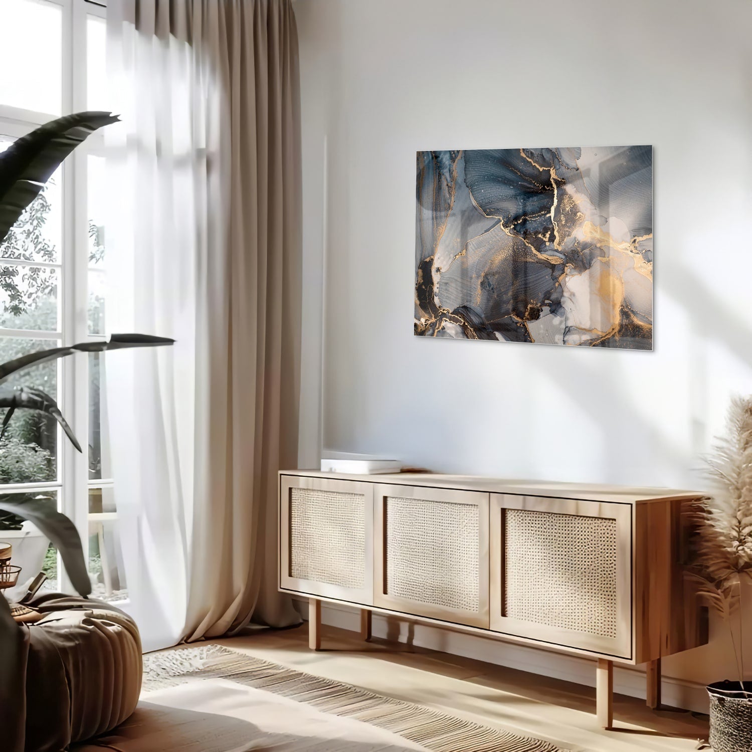 Elegantes Glasbild mit Blau und Gold