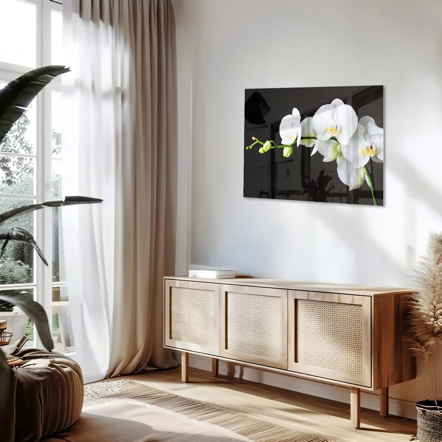 Elegantes Glasbild mit weißen Orchideen