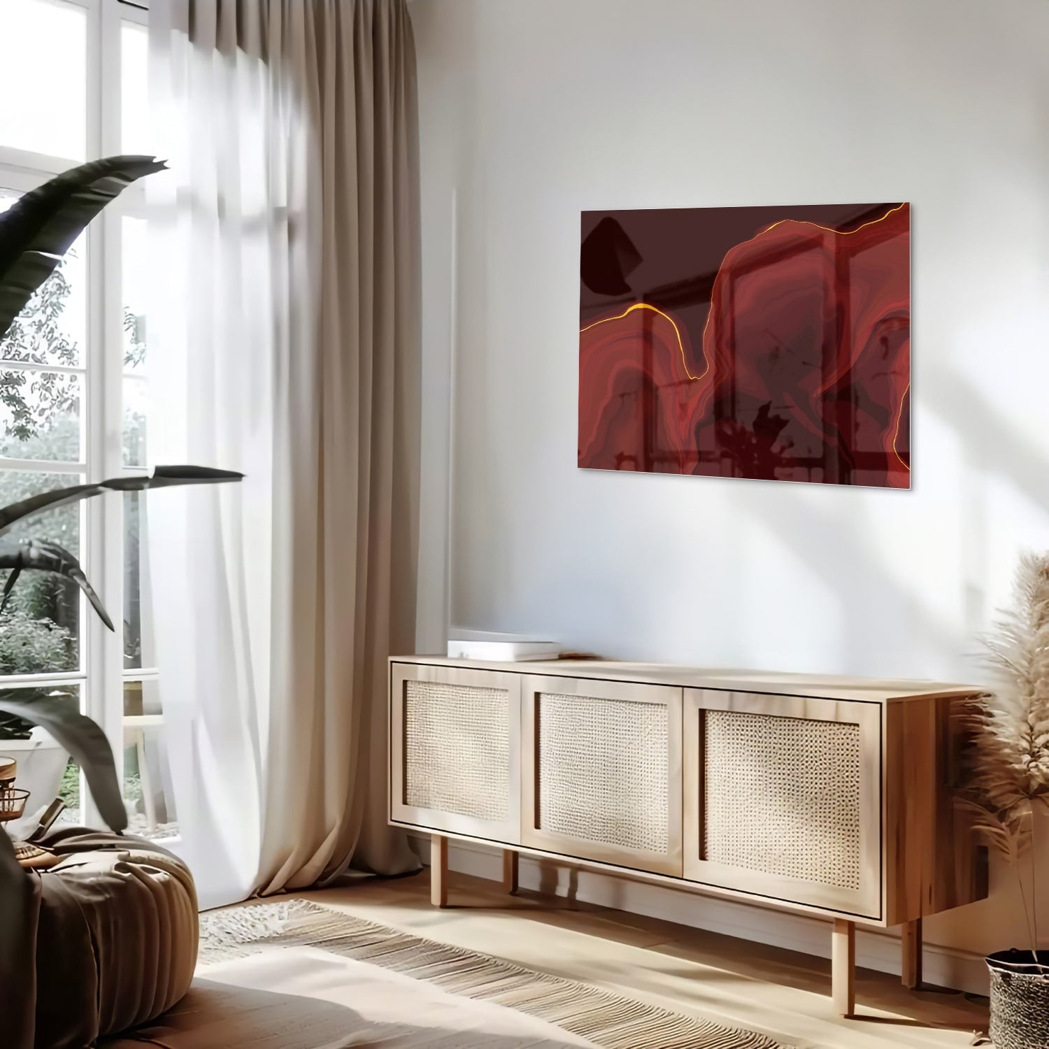 Abstraktes Glasbild mit warmen Rottönen