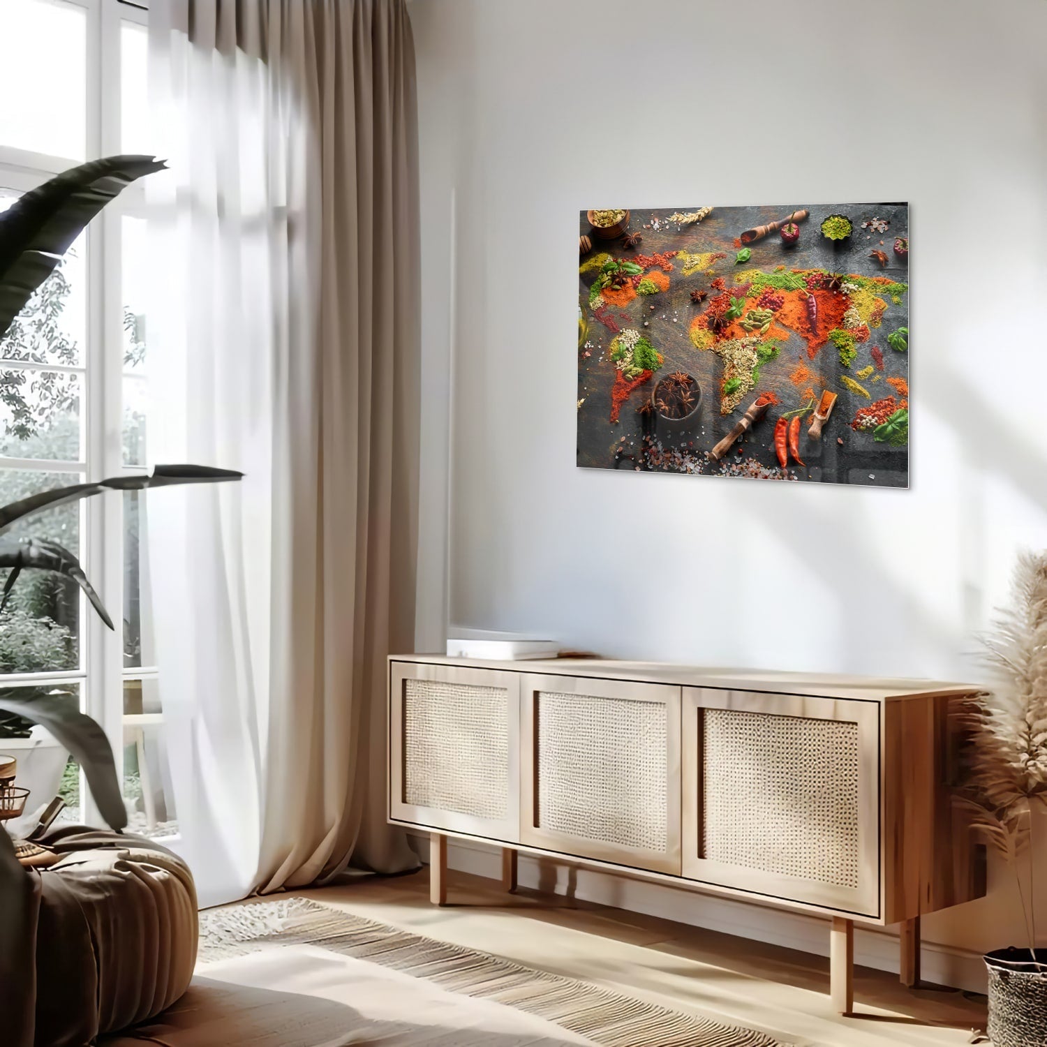 Farbenfrohes Glasbild mit Gewürzen und Gemüse