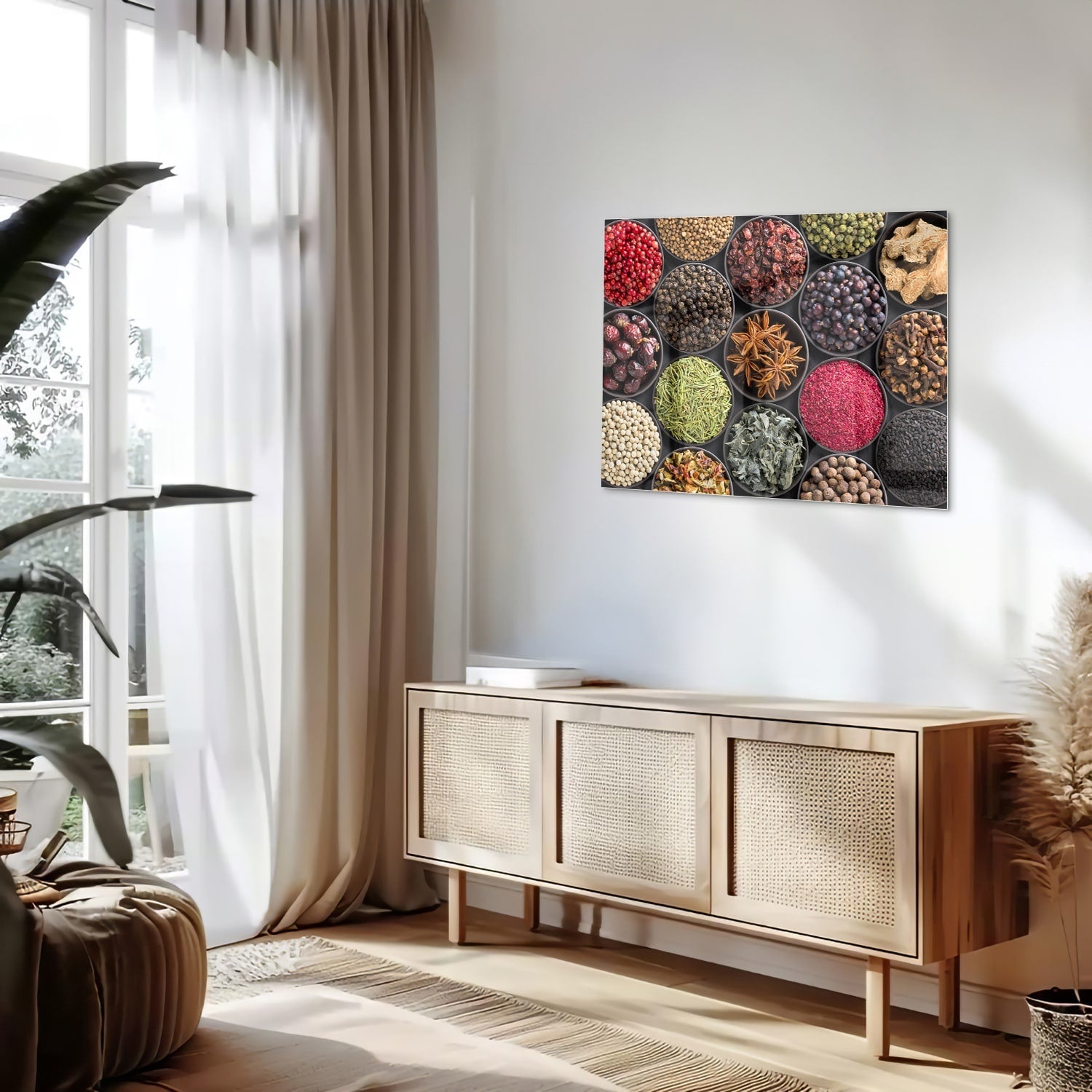 Farbenfrohes Glasbild mit Gewürzen und Kräutern