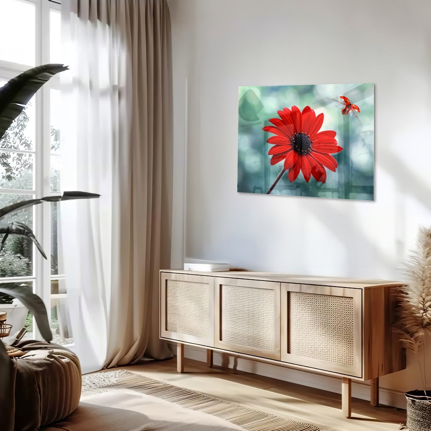 Beeindruckendes Glasbild mit einem roten Löwenzahn