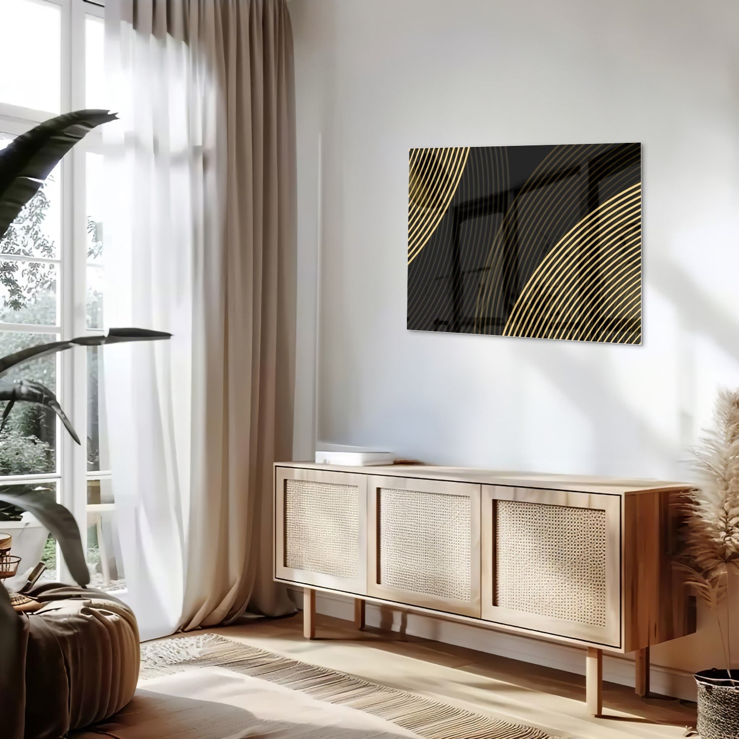 Geradliniges Glasbild mit goldenen Linien